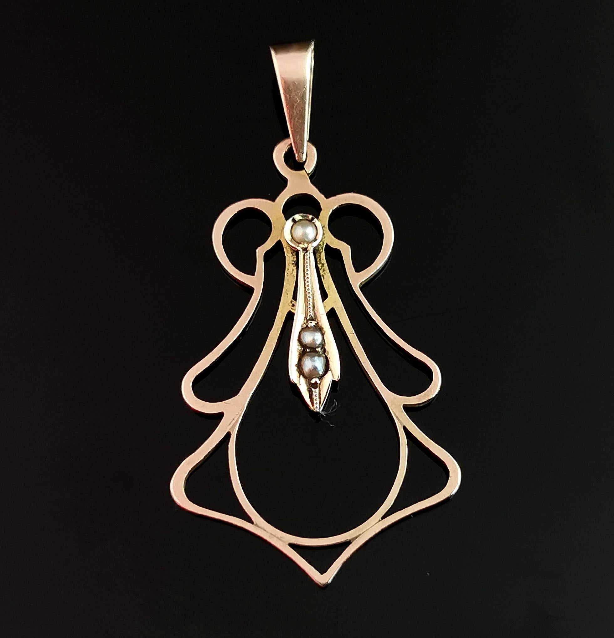 Antique Art Nouveau Seed Pearl Pendant, 9k Gold 4