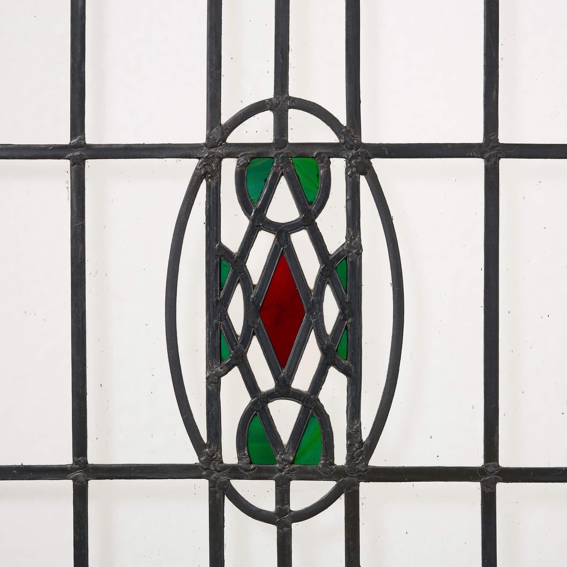 English Antique Art Nouveau Shallow Arched Stained Glass Window For Sale
