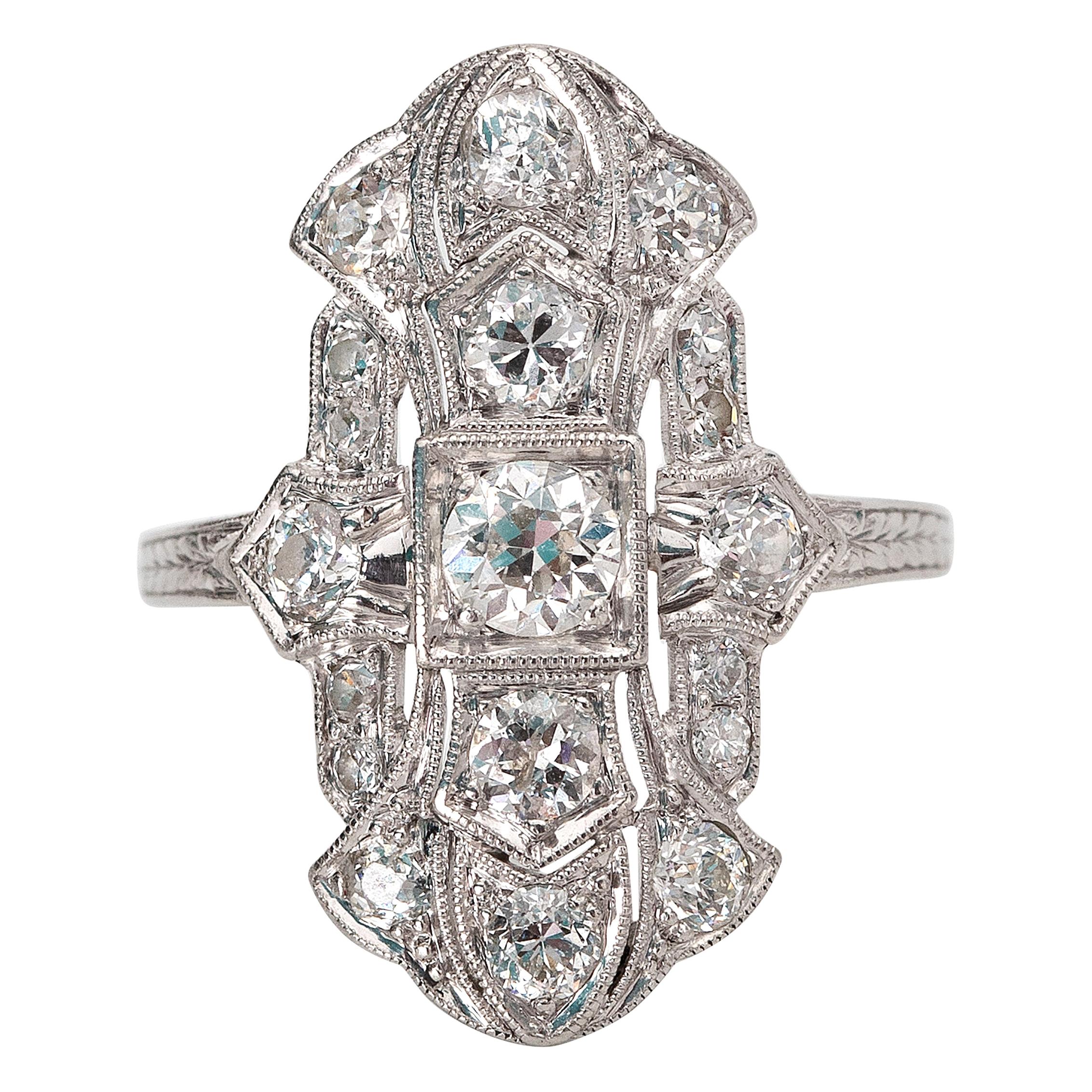 Antique Art Nouveau Shield Right Hand Deco Platinum Diamond Ring