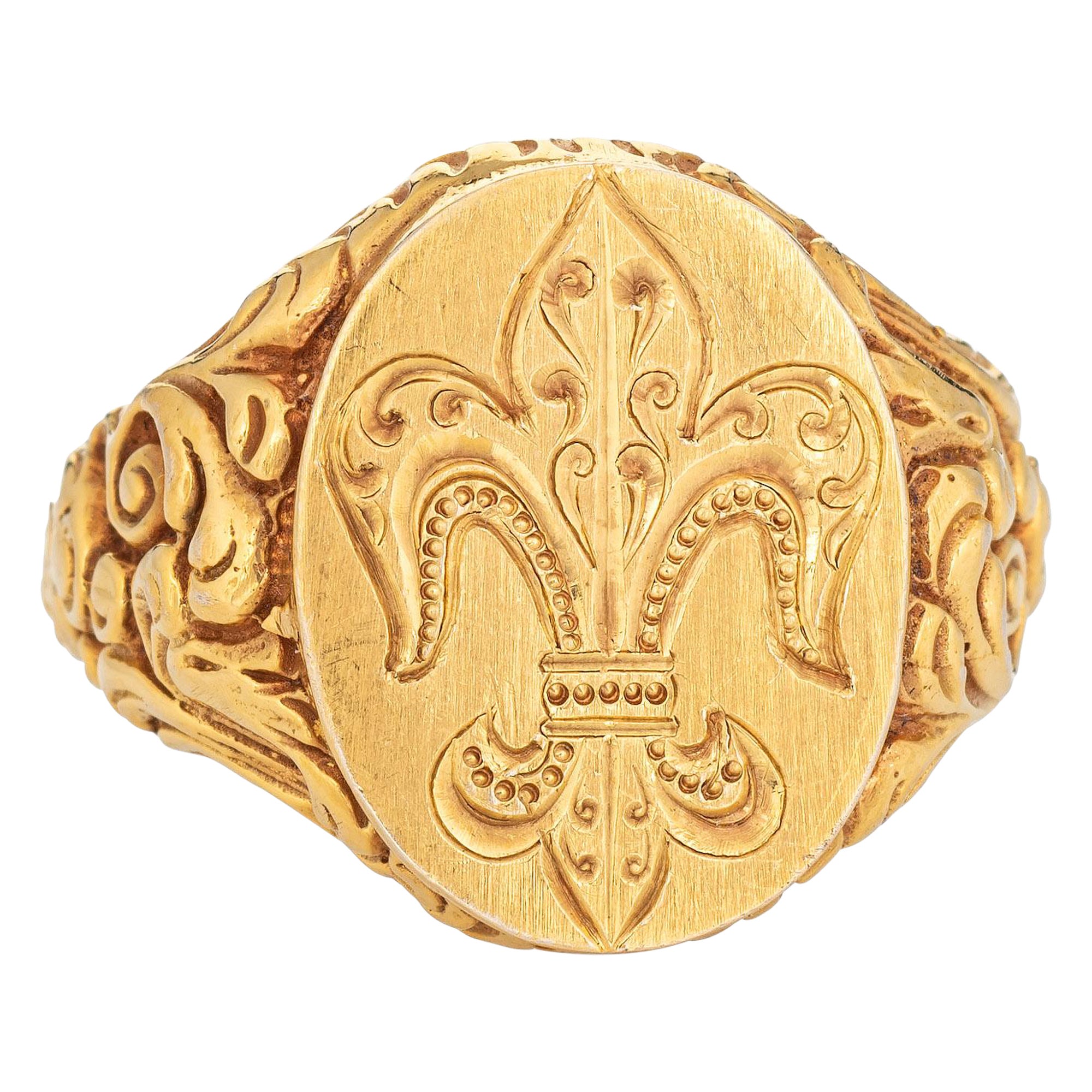 Antiker Jugendstil Siegelring Fleur De Lis Repousse 14k Gelbgold