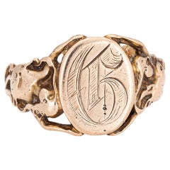 Antique Art Nouveau Signet Ring Letter D 14k Yellow Gold Nymph Figure Goddess