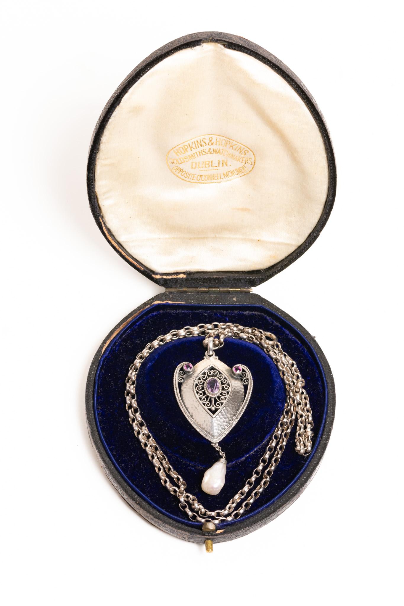 Antique Cushion Cut Antique Art Nouveau Silver Amethyst And Pearl Pendant Necklace For Sale