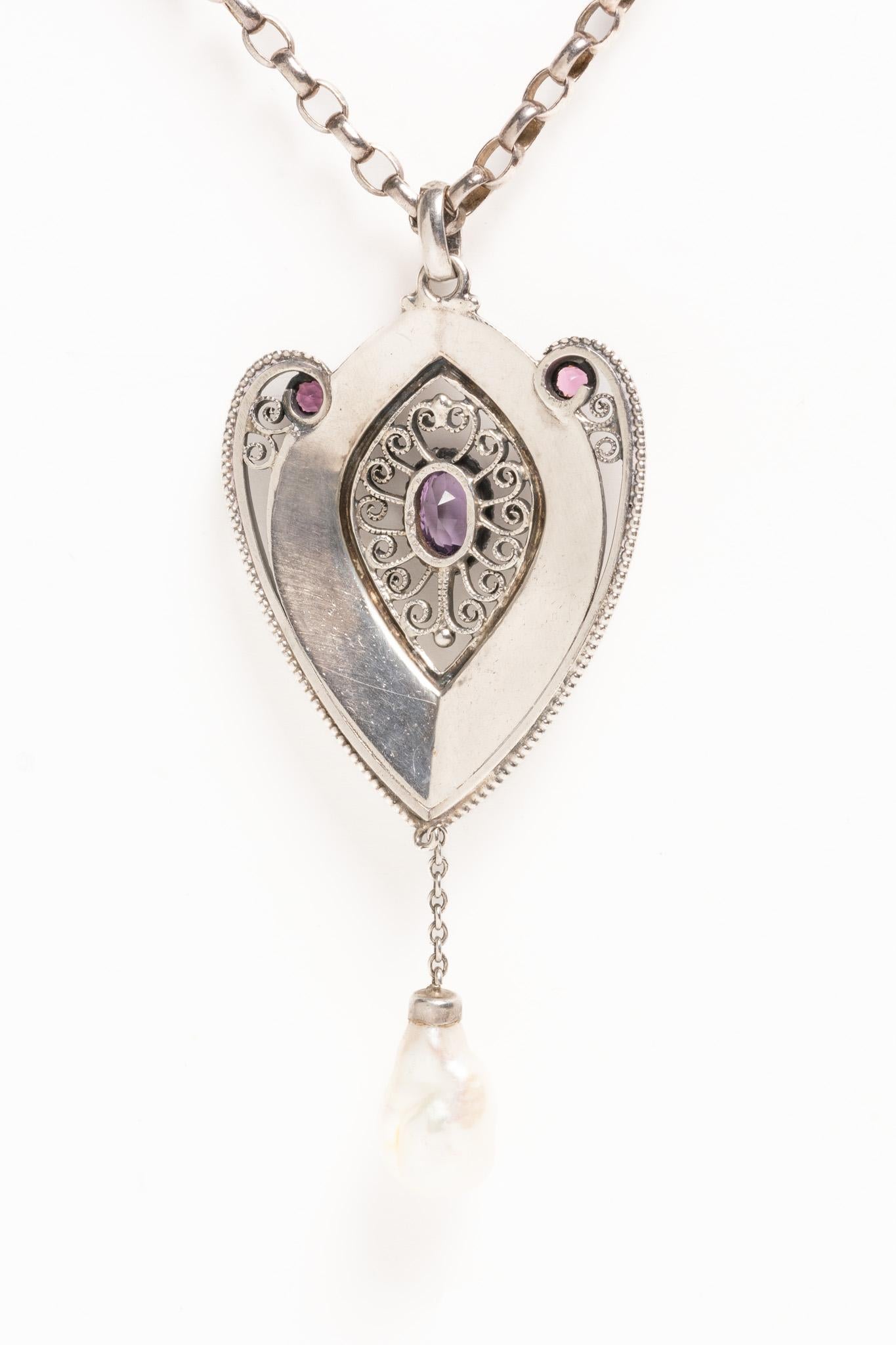 Women's Antique Art Nouveau Silver Amethyst And Pearl Pendant Necklace For Sale