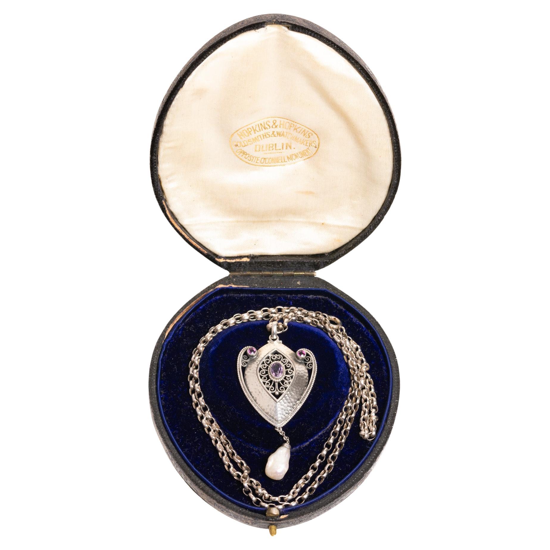 Antique Art Nouveau Silver Amethyst And Pearl Pendant Necklace