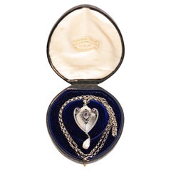 Antique Art Nouveau Silver Amethyst And Pearl Pendant Necklace