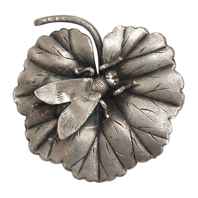 Antique Art Nouveau Silver Brooch with a Fly Settled on a Leaf circa 1910  For Sale