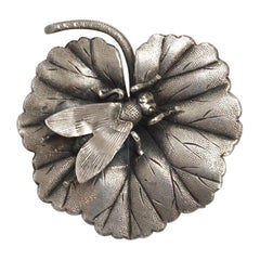Vintage Art Nouveau Silver Brooch with a Fly Settled on a Leaf circa 1910 