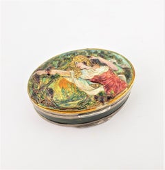 Antique Art Nouveau Silver & Enameled Oval Box Depicting a Woman Picking Grapes