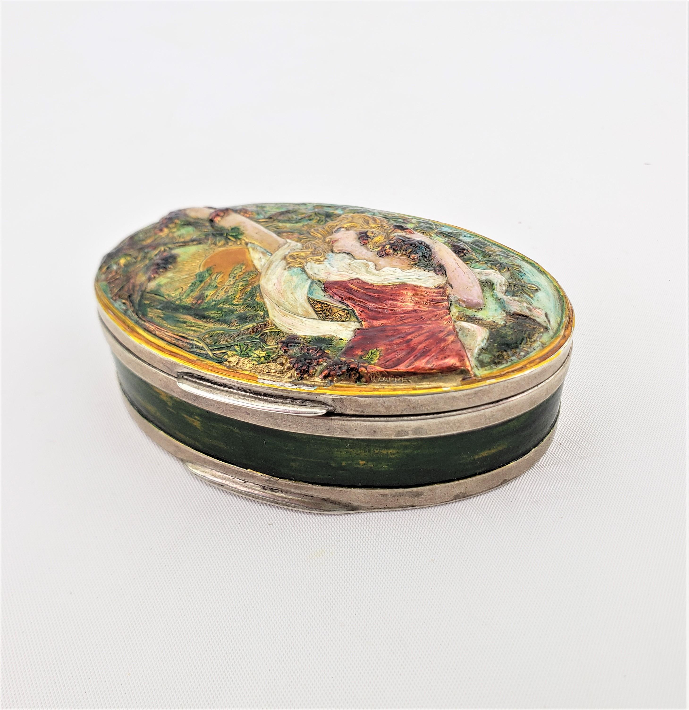 Antique Art Nouveau Silver & Enameled Oval Box Depicting a Woman Picking Grapes In Good Condition For Sale In Hamilton, Ontario