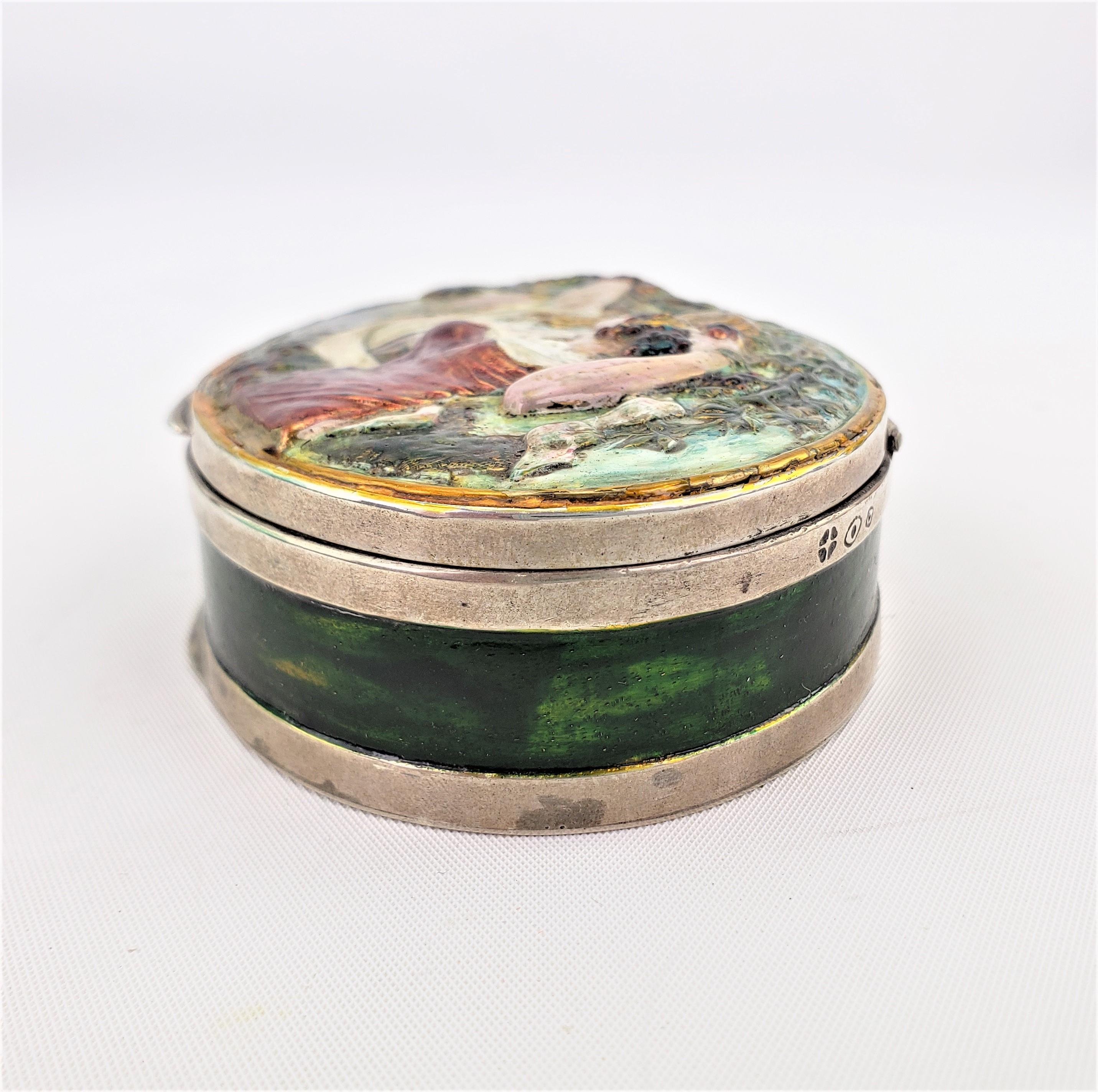 19th Century Antique Art Nouveau Silver & Enameled Oval Box Depicting a Woman Picking Grapes For Sale