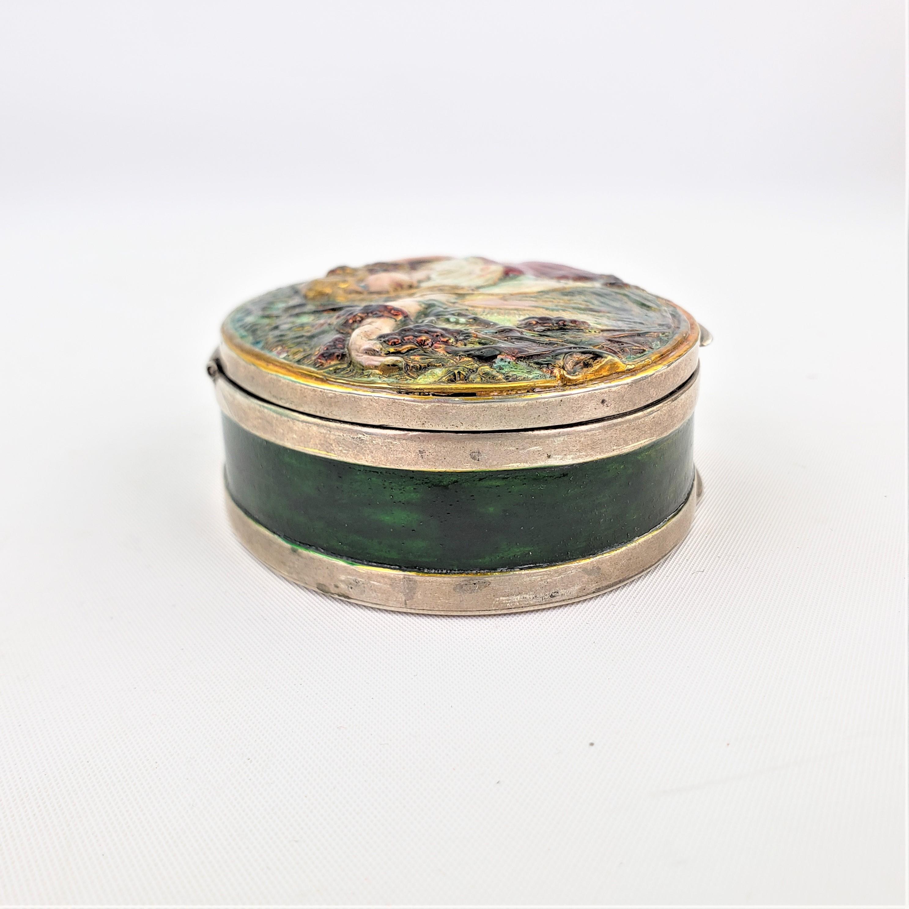 Antique Art Nouveau Silver & Enameled Oval Box Depicting a Woman Picking Grapes For Sale 2