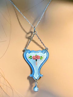 Antiker Jugendstil-Anhänger aus Silber mit Guilloche-Emaille, 2,5 Zoll, Birmingham 1910