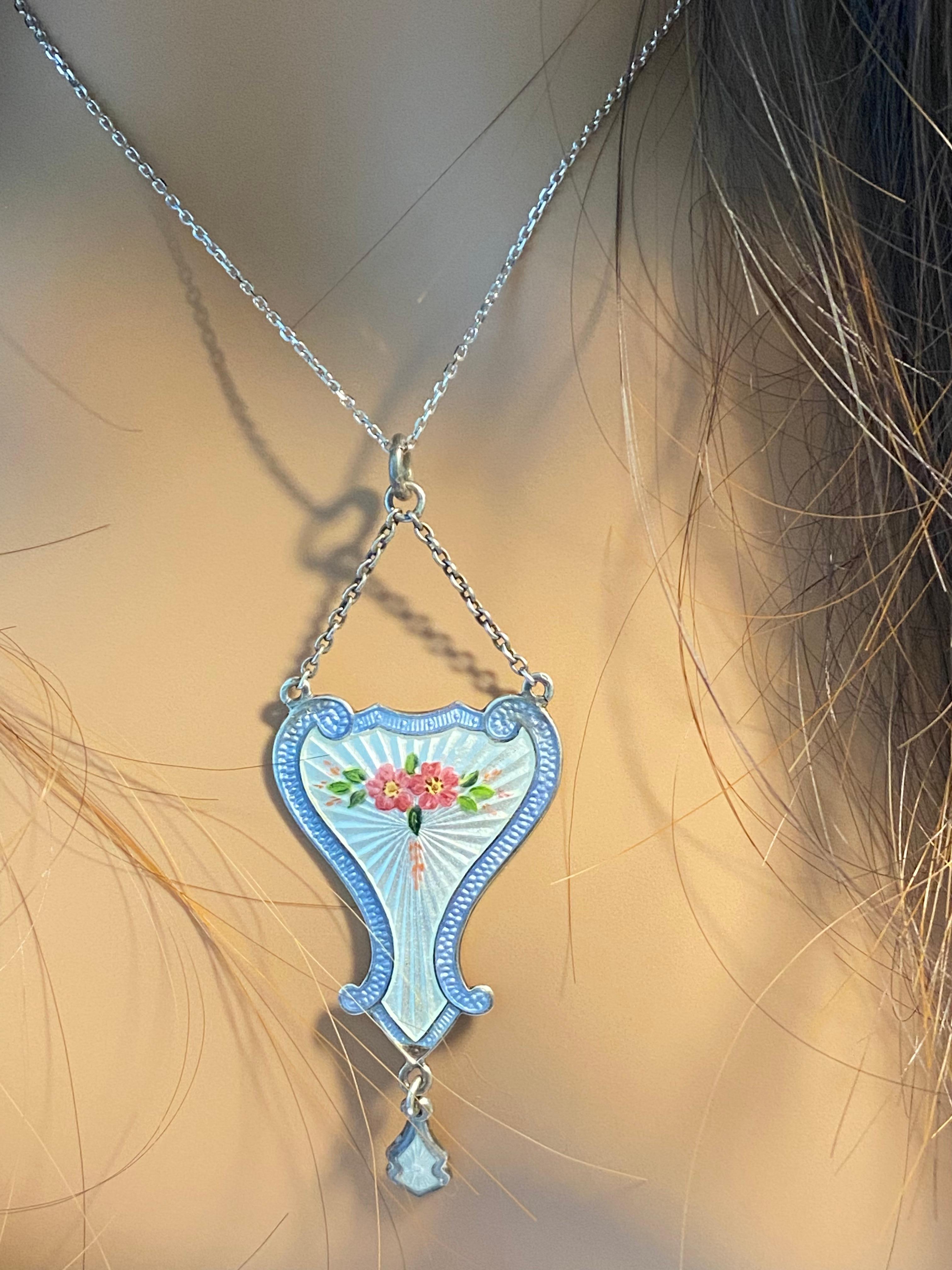 Antique Birmingham 1910 Art Nouveau Silver Guilloche Enamel 2.5 Inch Pendant In Good Condition In New York, NY