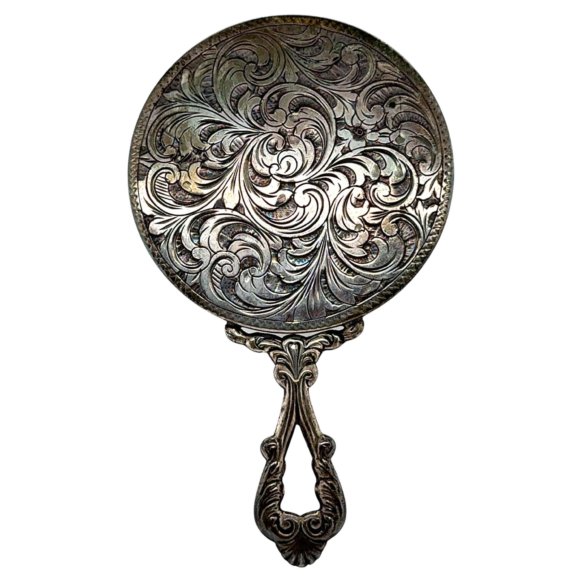Antique Art Nouveau Silver Hand Mirror Vintage Original 1910's
