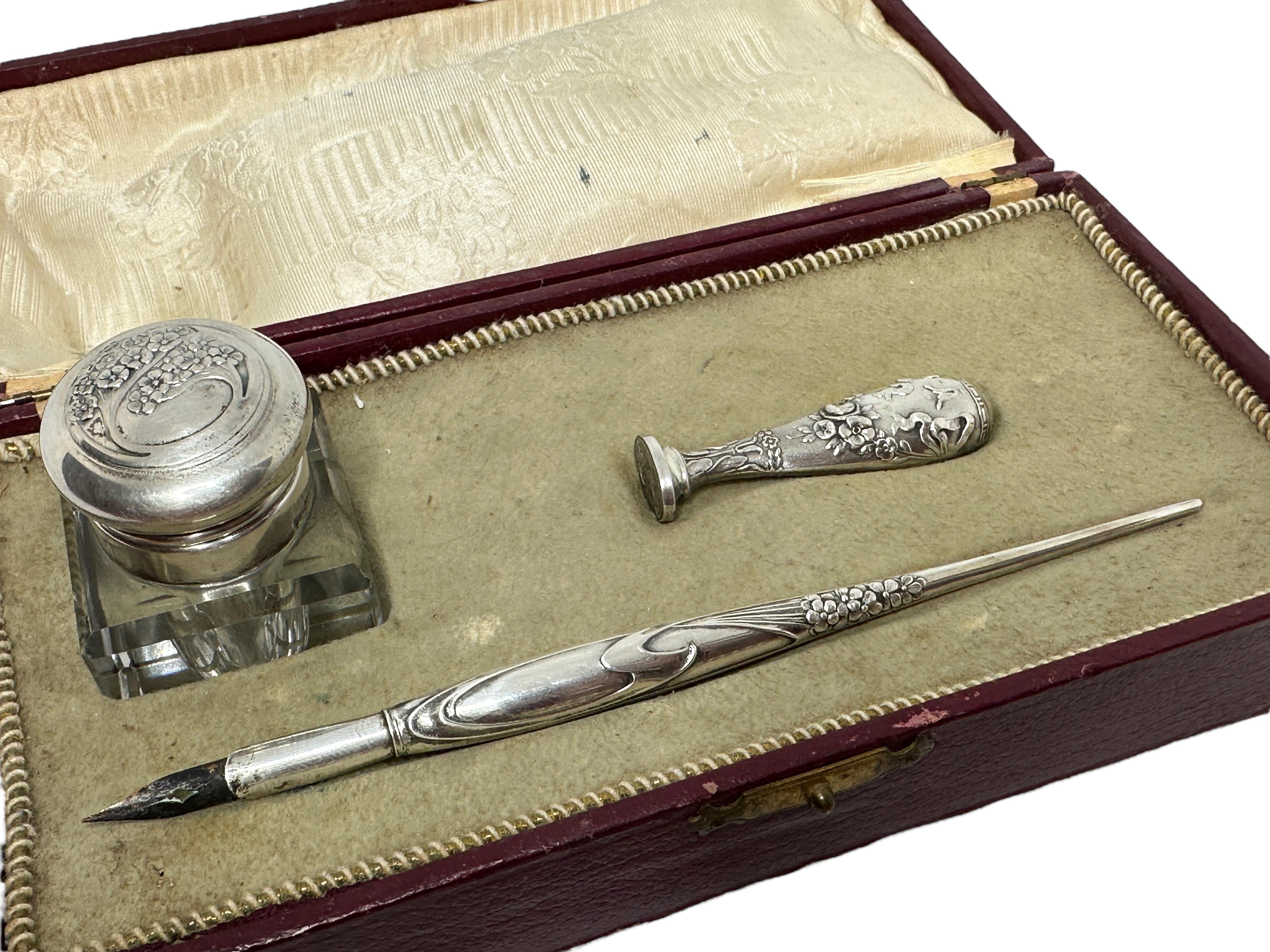 Antique Art Nouveau Silver Inkwell, Dip Pen and Seal Set, in Box, Italy For Sale 5