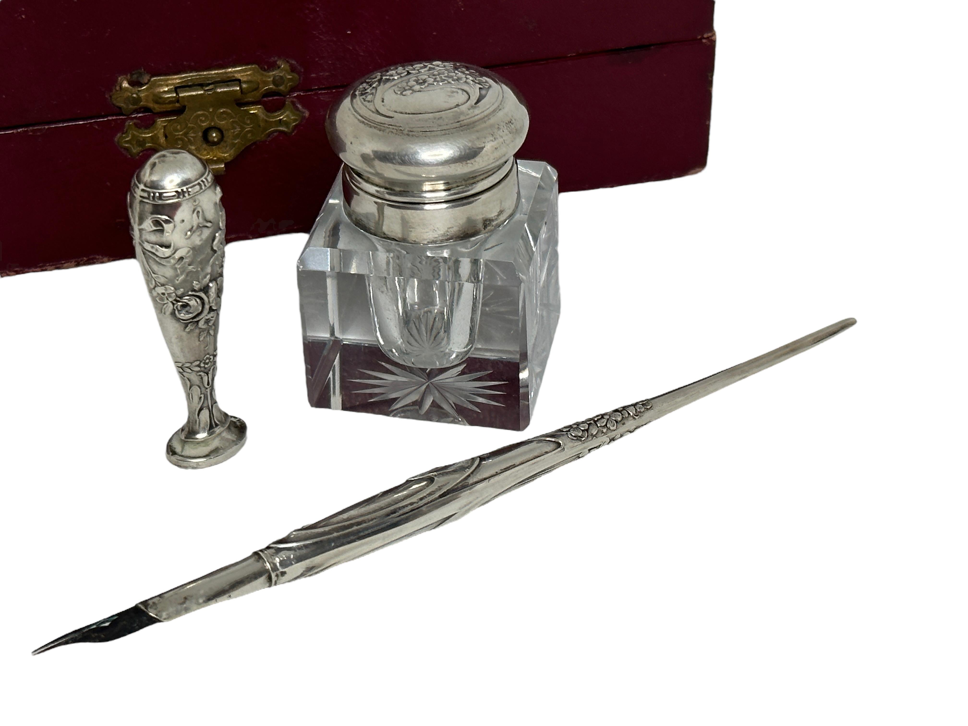 Italian Antique Art Nouveau Silver Inkwell, Dip Pen and Seal Set, in Box, Italy For Sale