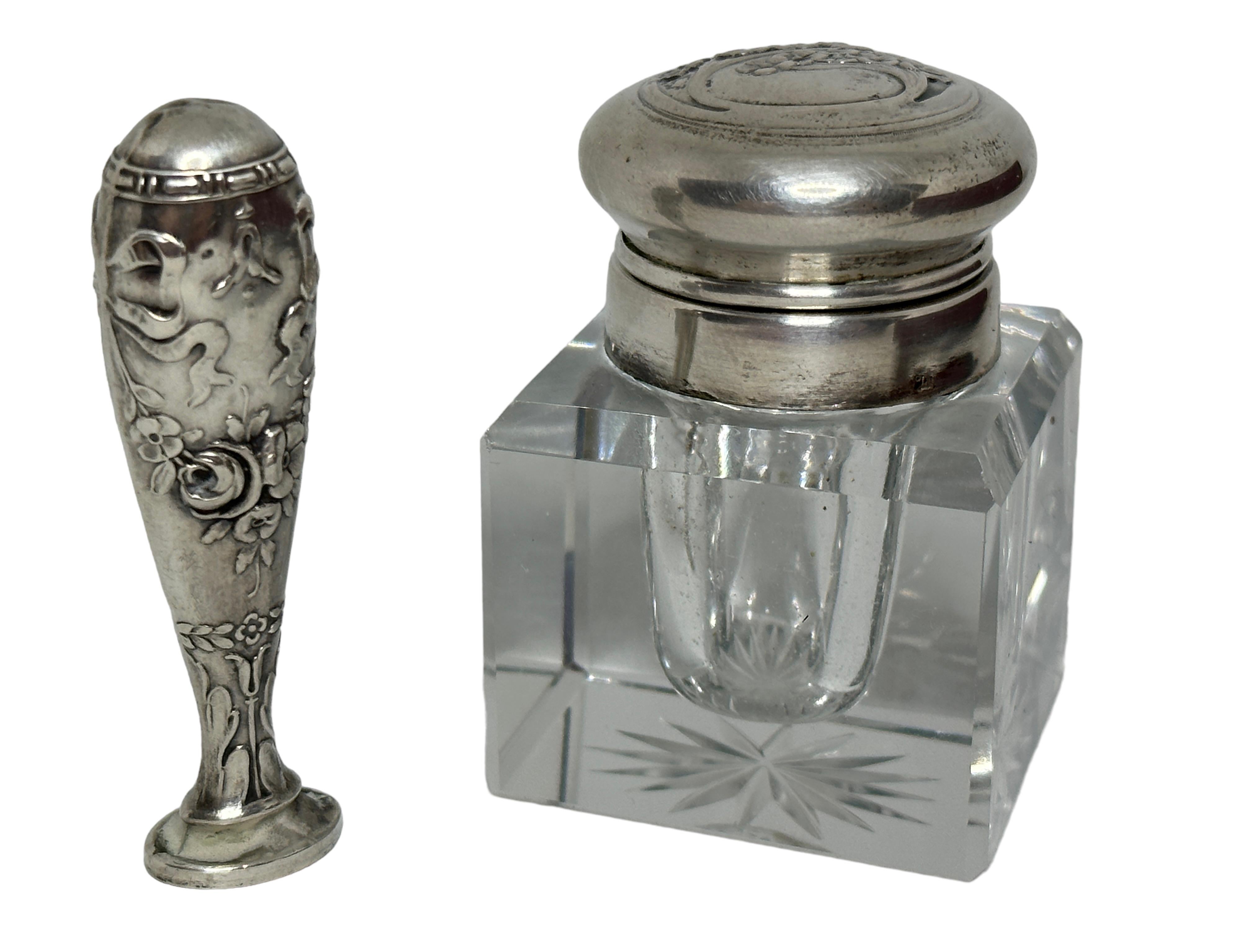 Antique Art Nouveau Silver Inkwell, Dip Pen and Seal Set, in Box, Italy In Good Condition For Sale In Nuernberg, DE