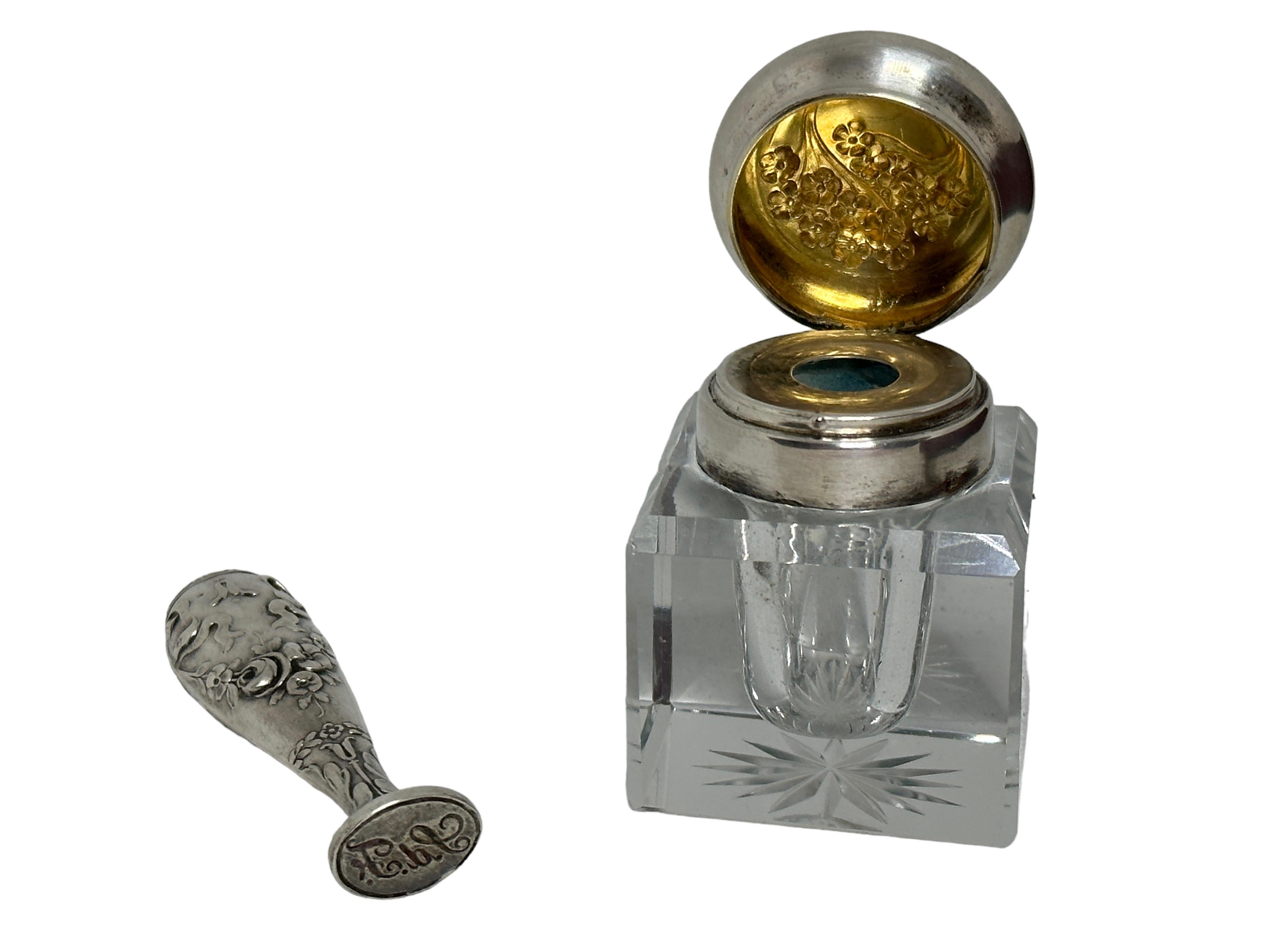 Early 20th Century Antique Art Nouveau Silver Inkwell, Dip Pen and Seal Set, in Box, Italy For Sale