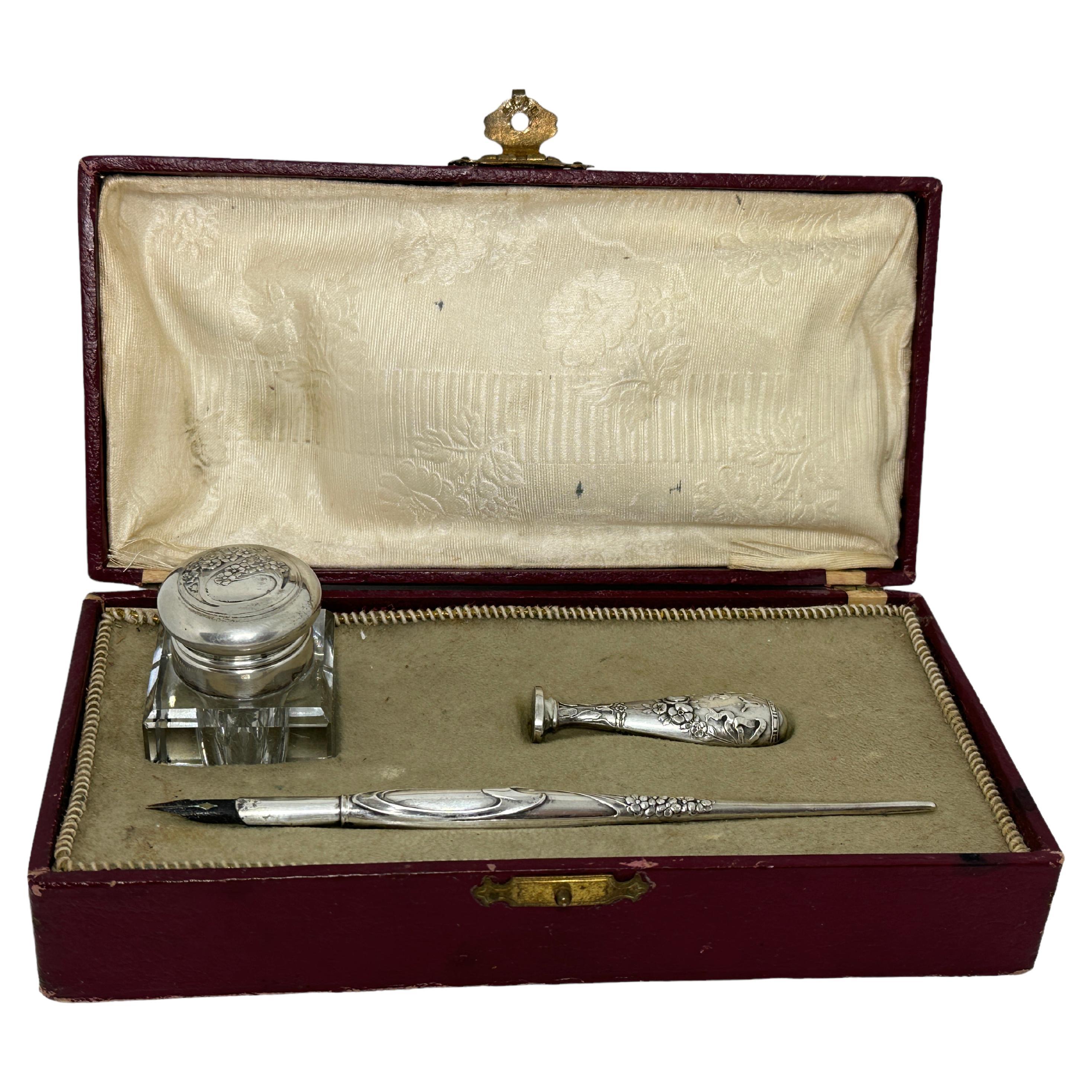 Antique Art Nouveau Silver Inkwell, Dip Pen and Seal Set, in Box, Italy For Sale