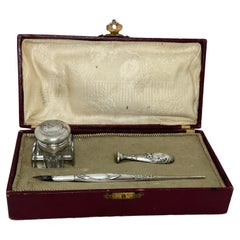Antique Art Nouveau Silver Inkwell, Dip Pen and Seal Set, in Box, Italy