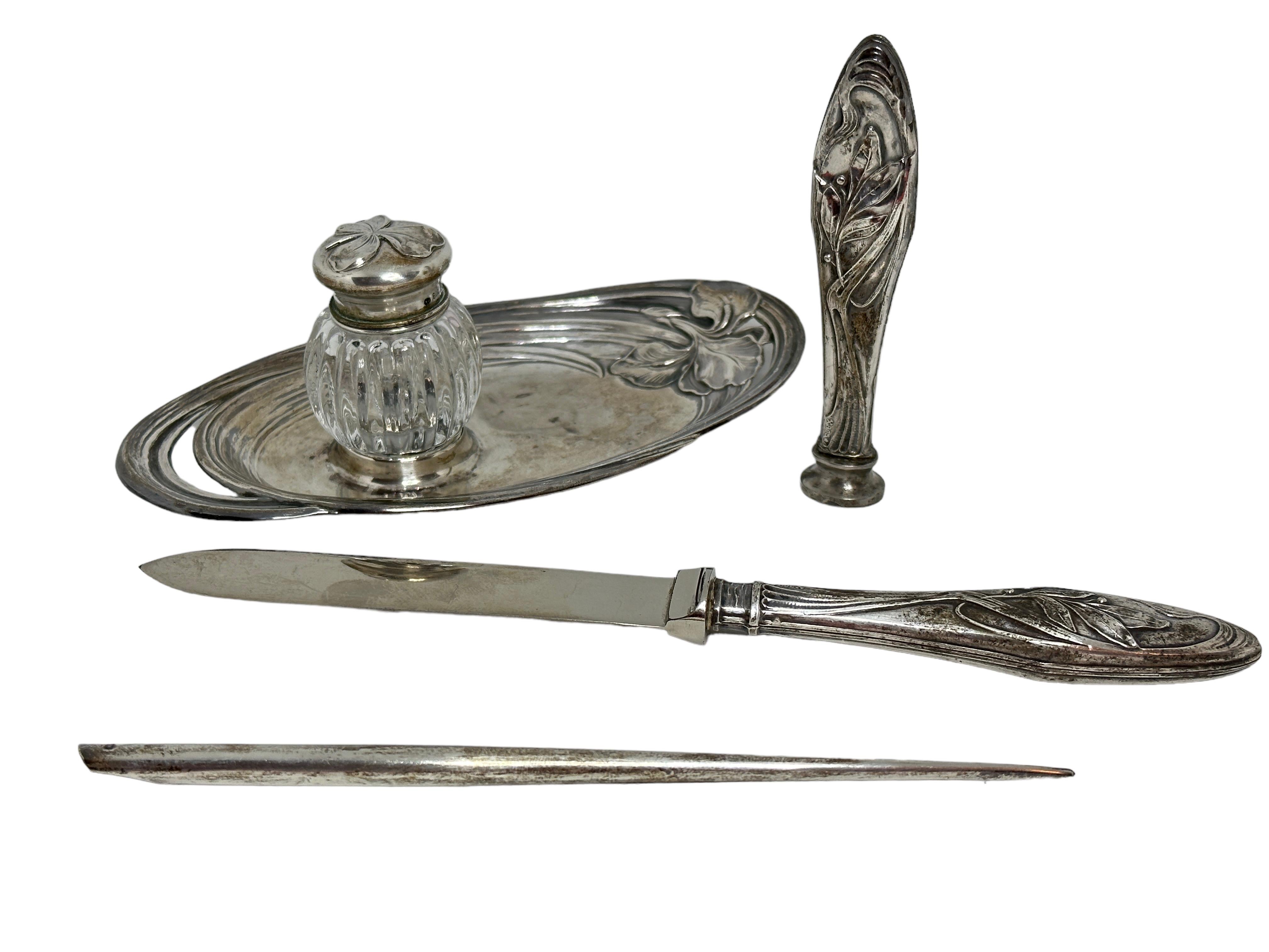 Antique Art Nouveau Silver Inkwell, Letter Opener, Dip Pen and Seal Set, in Box For Sale 7
