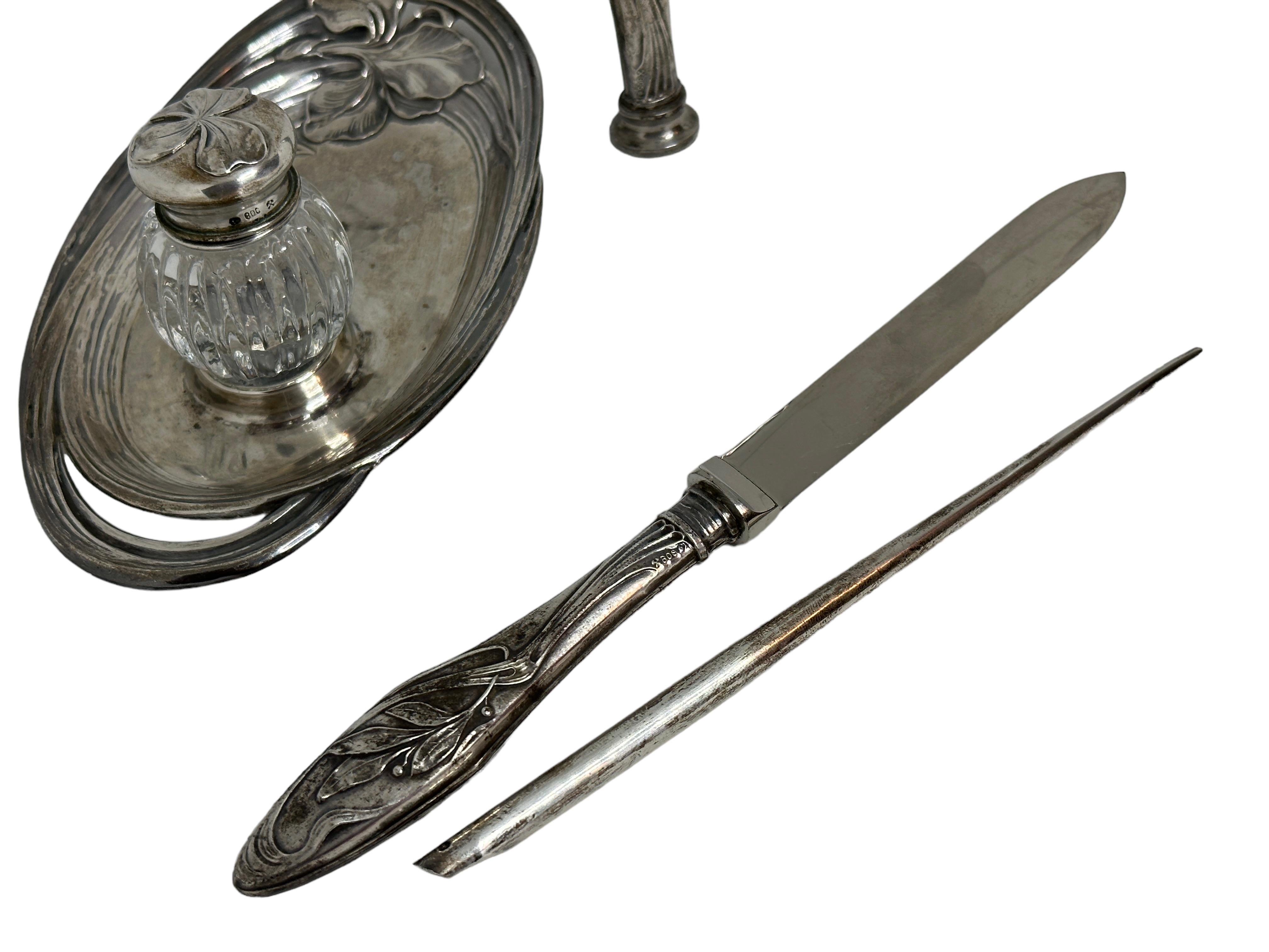 Antique Art Nouveau Silver Inkwell, Letter Opener, Dip Pen and Seal Set, in Box For Sale 14