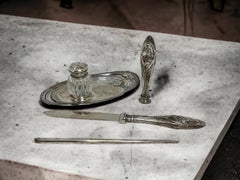 Antique Art Nouveau Silver Inkwell, Letter Opener, Dip Pen and Seal Set, in Box