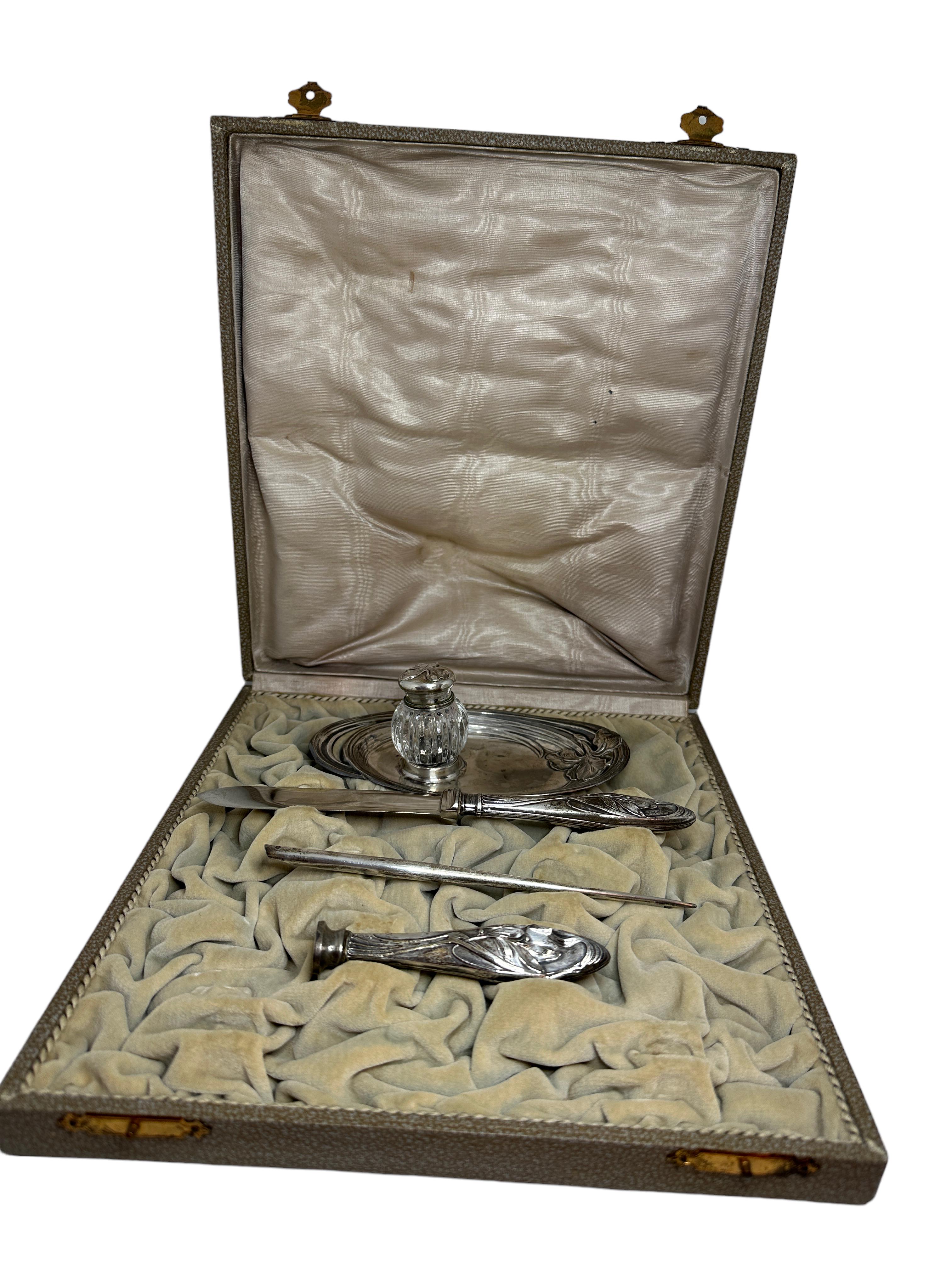Italian Antique Art Nouveau Silver Inkwell, Letter Opener, Dip Pen and Seal Set, in Box For Sale