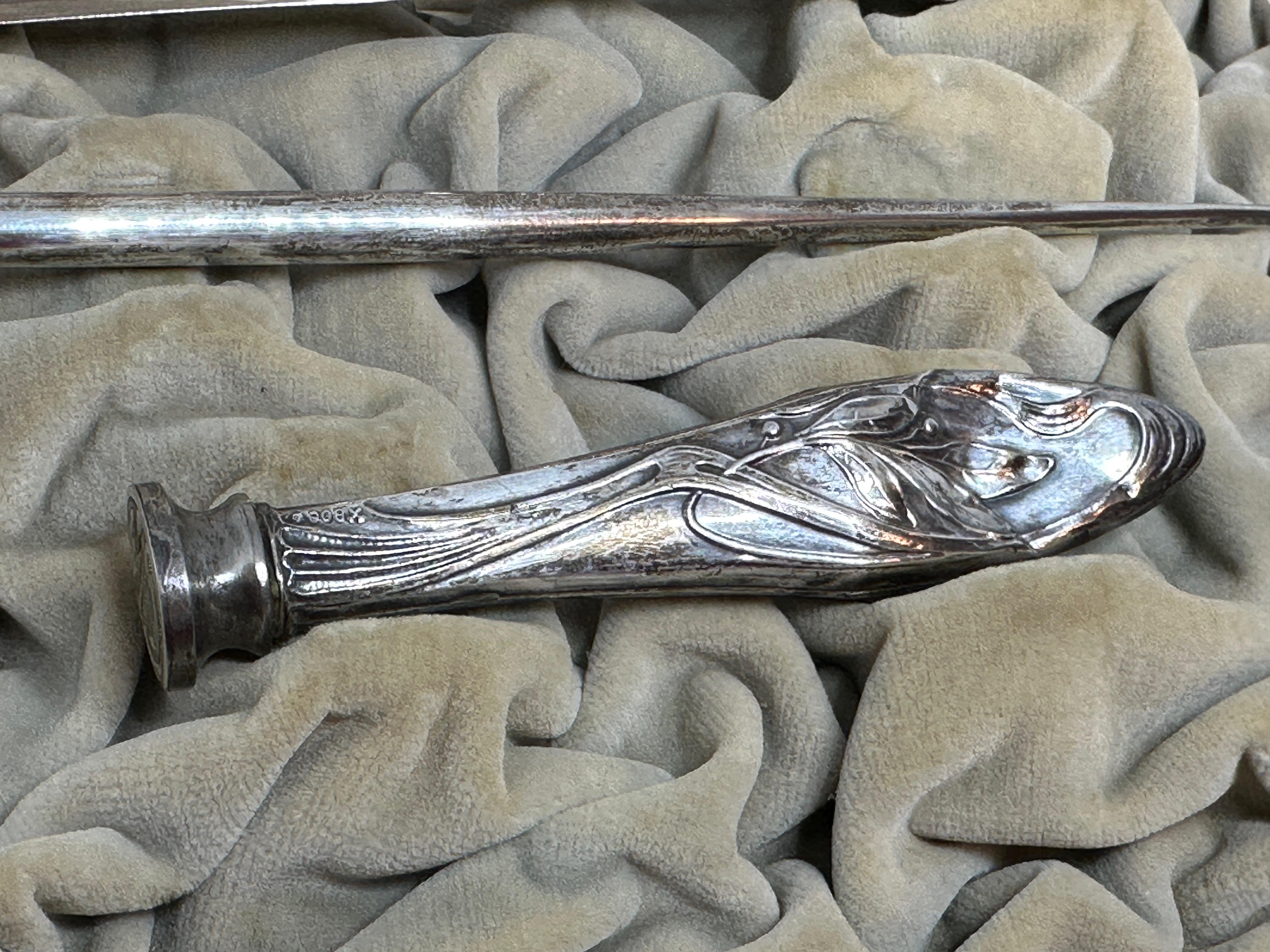 Early 20th Century Antique Art Nouveau Silver Inkwell, Letter Opener, Dip Pen and Seal Set, in Box For Sale