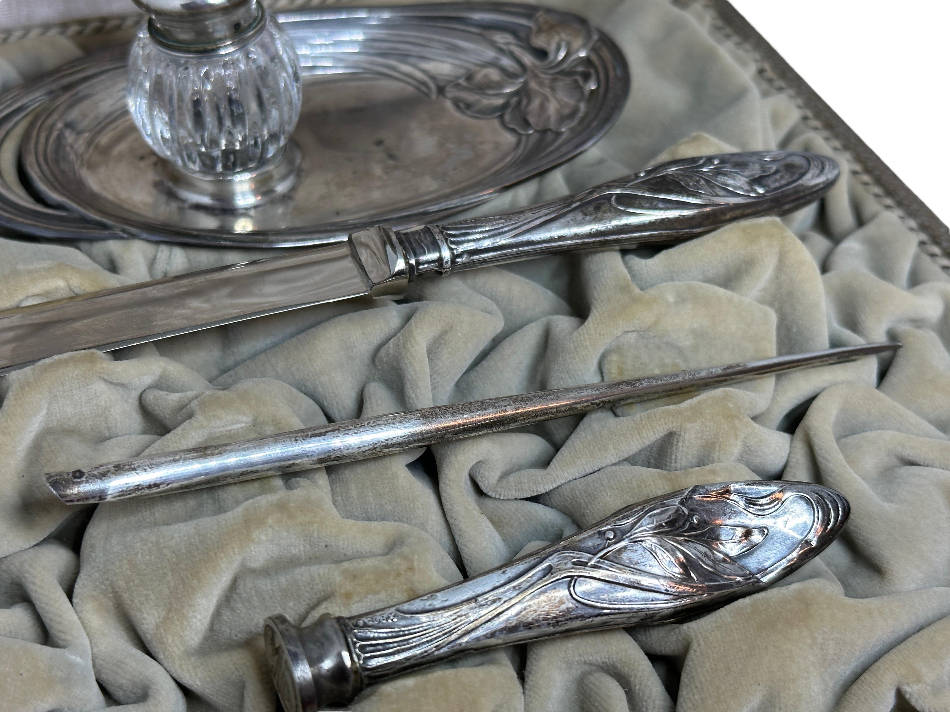 Antique Art Nouveau Silver Inkwell, Letter Opener, Dip Pen and Seal Set, in Box For Sale 1