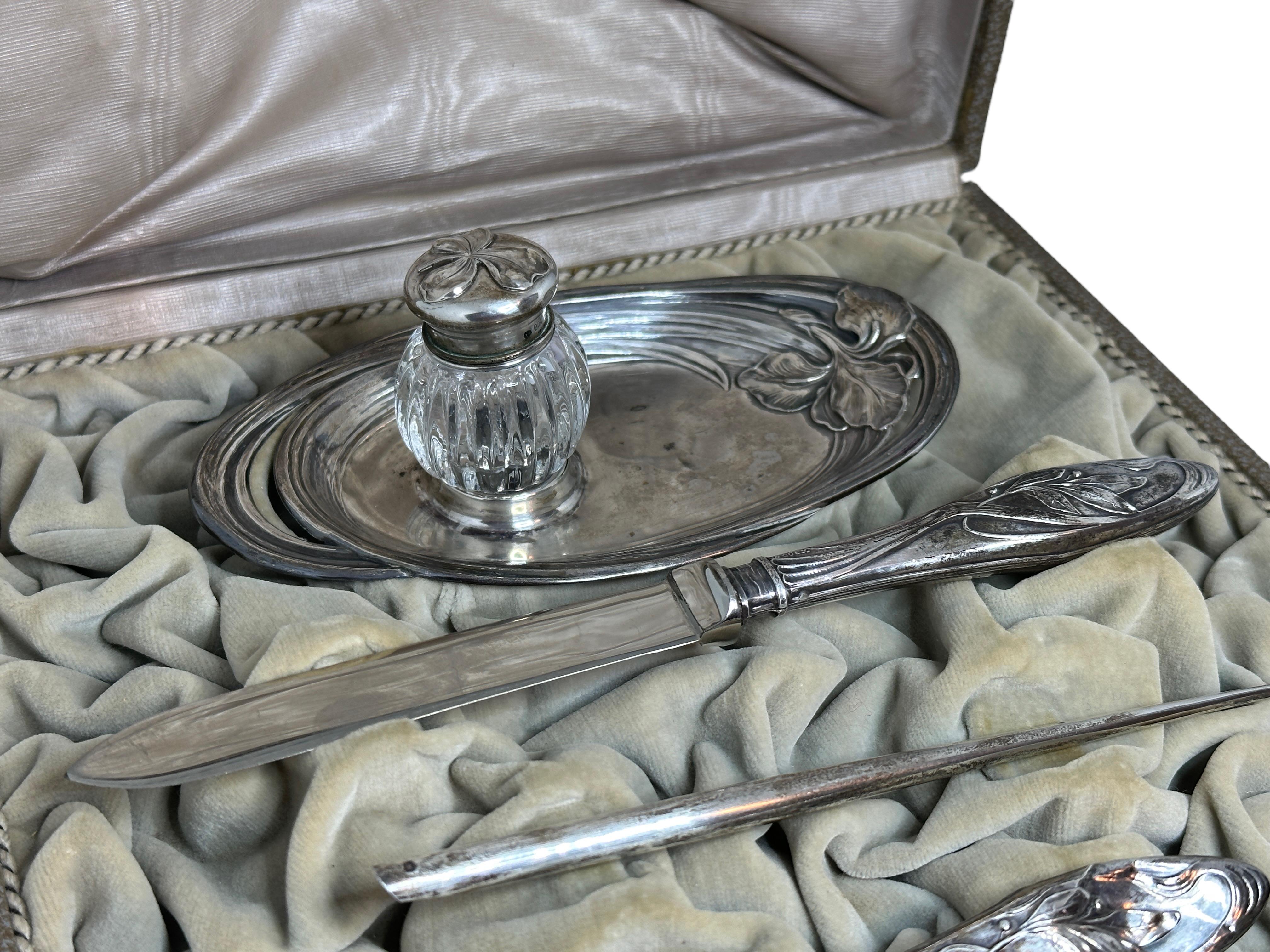 Antique Art Nouveau Silver Inkwell, Letter Opener, Dip Pen and Seal Set, in Box For Sale 2