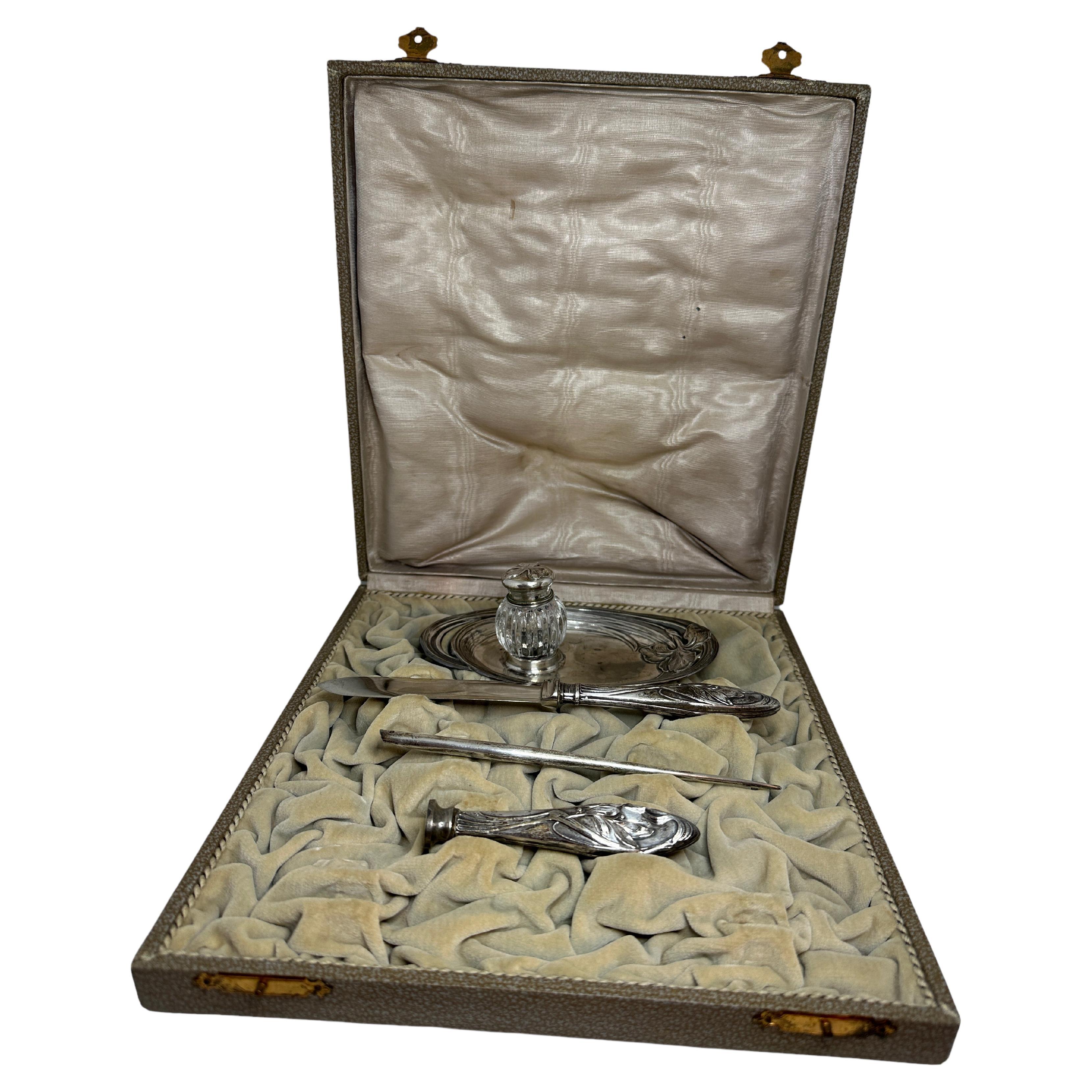 Antique Art Nouveau Silver Inkwell, Letter Opener, Dip Pen and Seal Set, in Box For Sale