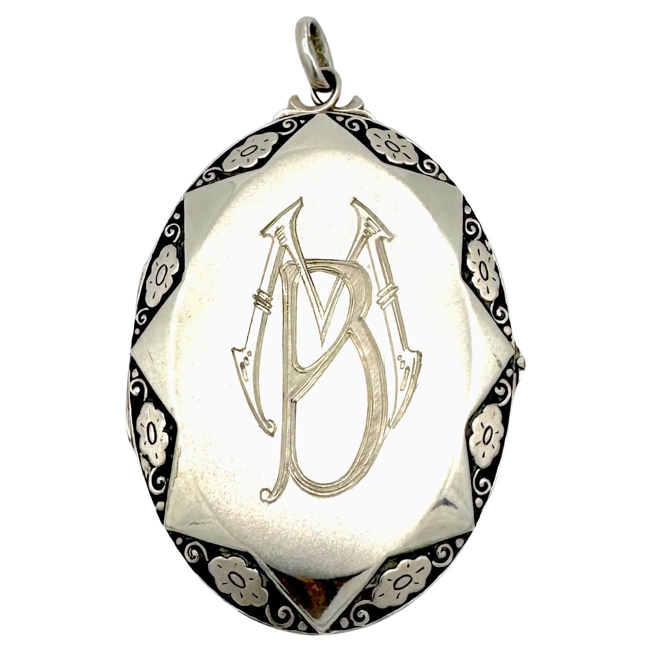 Antique Art Nouveau Silver Locket Pendant Ligated Initials MB