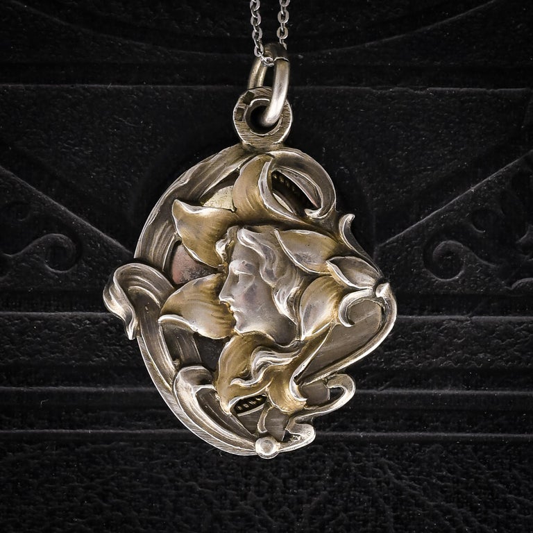 Antique Art Nouveau Silver Mirror Locket Necklace at 1stDibs