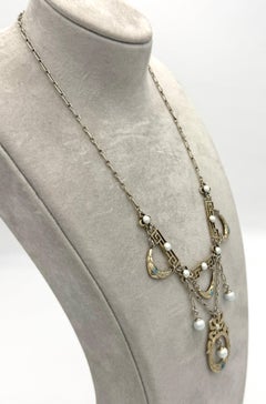 Antique Art Nouveau Silver Necklace Pale Blue Enamel Flower Wreath Natural Pearl