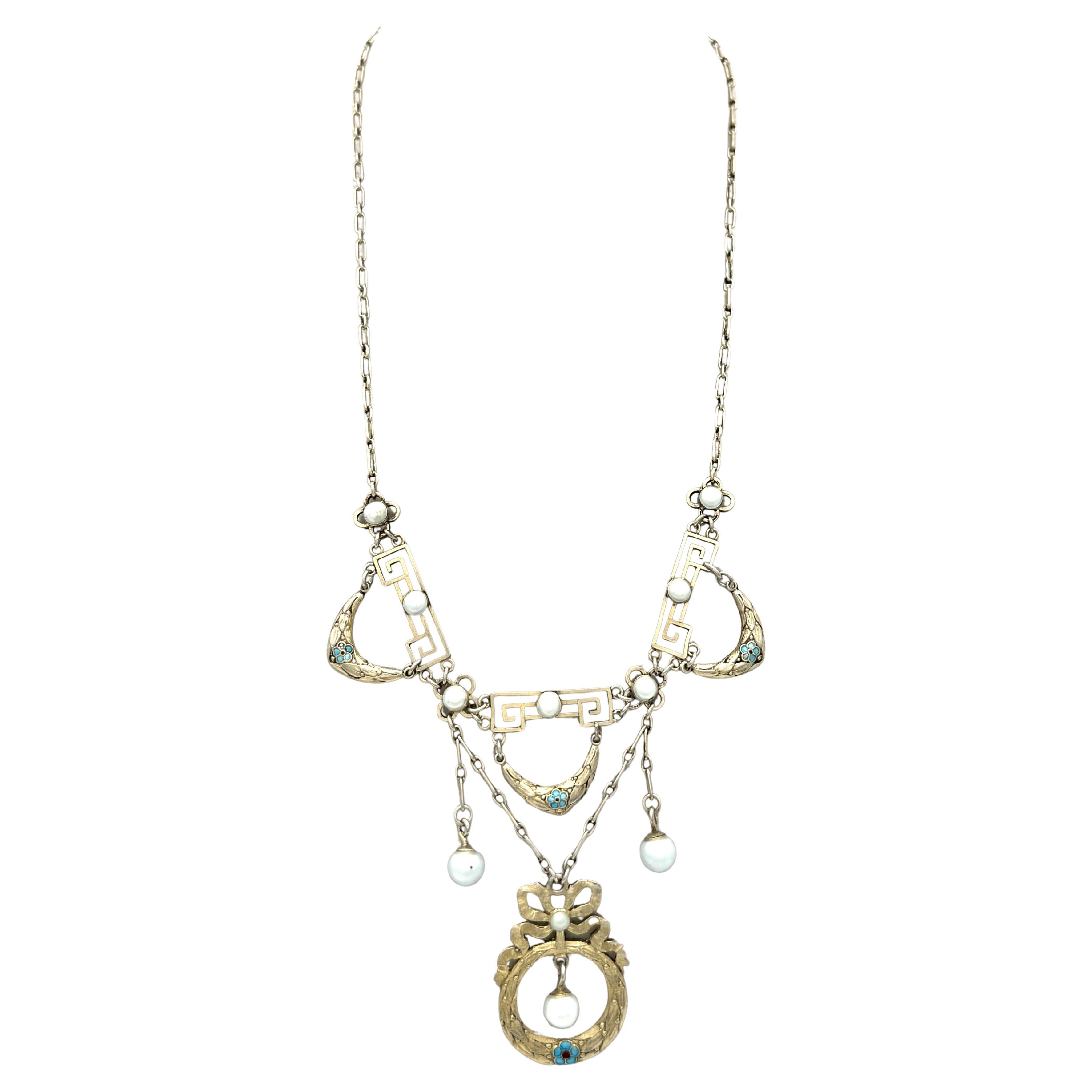 Antique Art Nouveau Silver Necklace Pale Blue Enamel Flower Wreath Natural Pearl For Sale