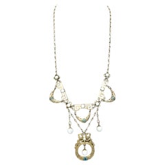 Antique Art Nouveau Silver Necklace Pale Blue Enamel Flower Wreath Natural Pearl
