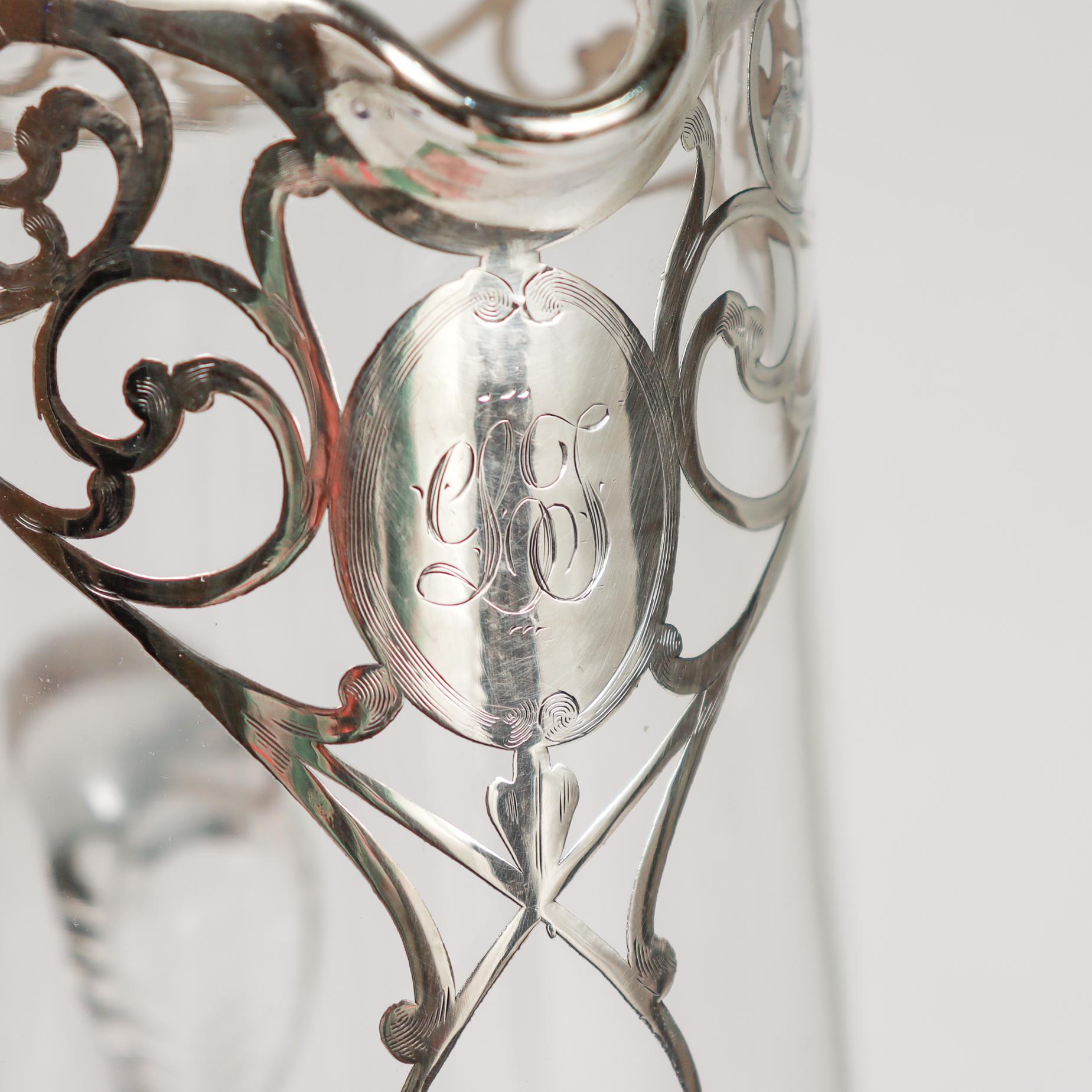 Antigua jarra de cóctel o limonada Art Nouveau de cristal plateado superpuesto en venta 5