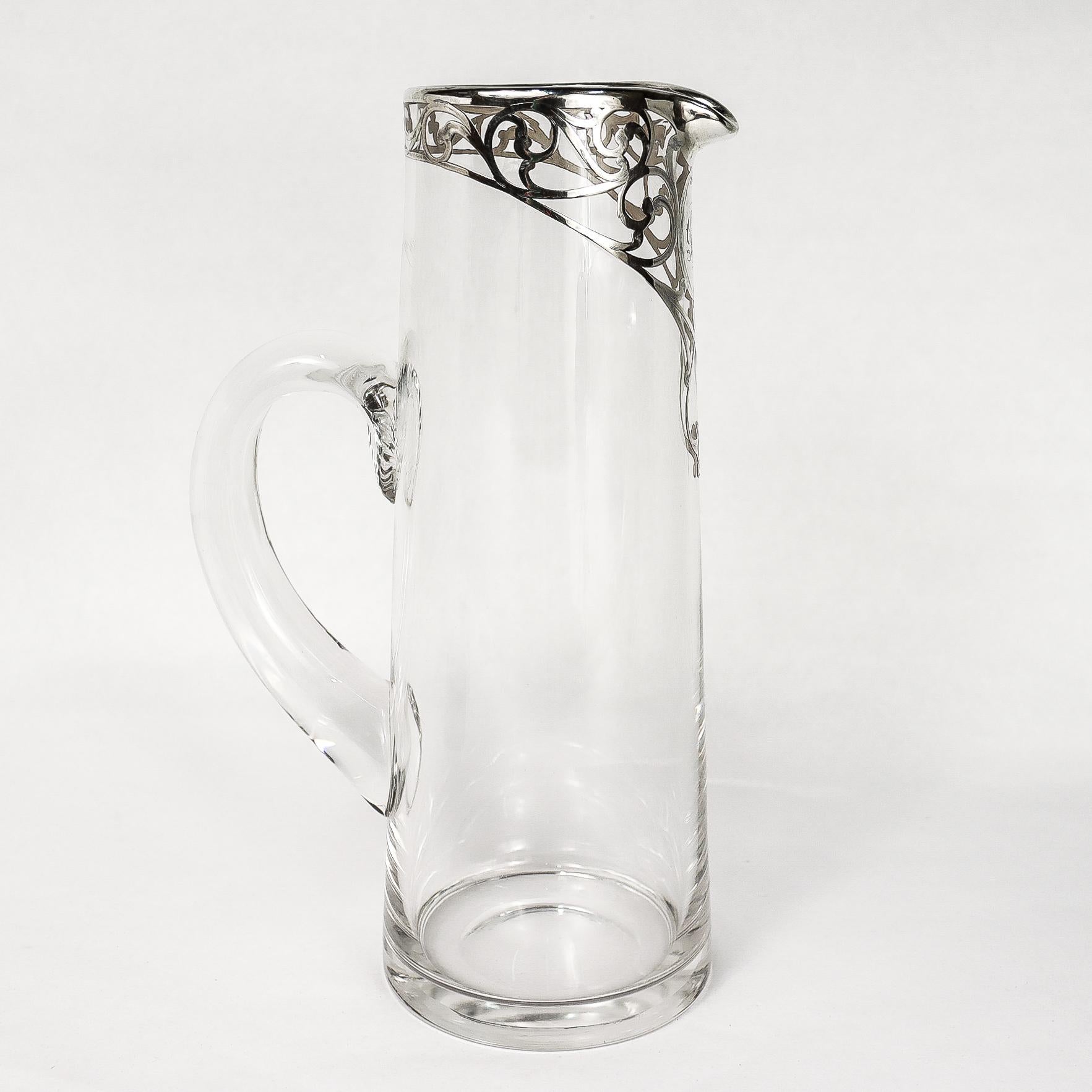 Antigua jarra de cóctel o limonada Art Nouveau de cristal plateado superpuesto en Bueno estado para la venta en Philadelphia, PA