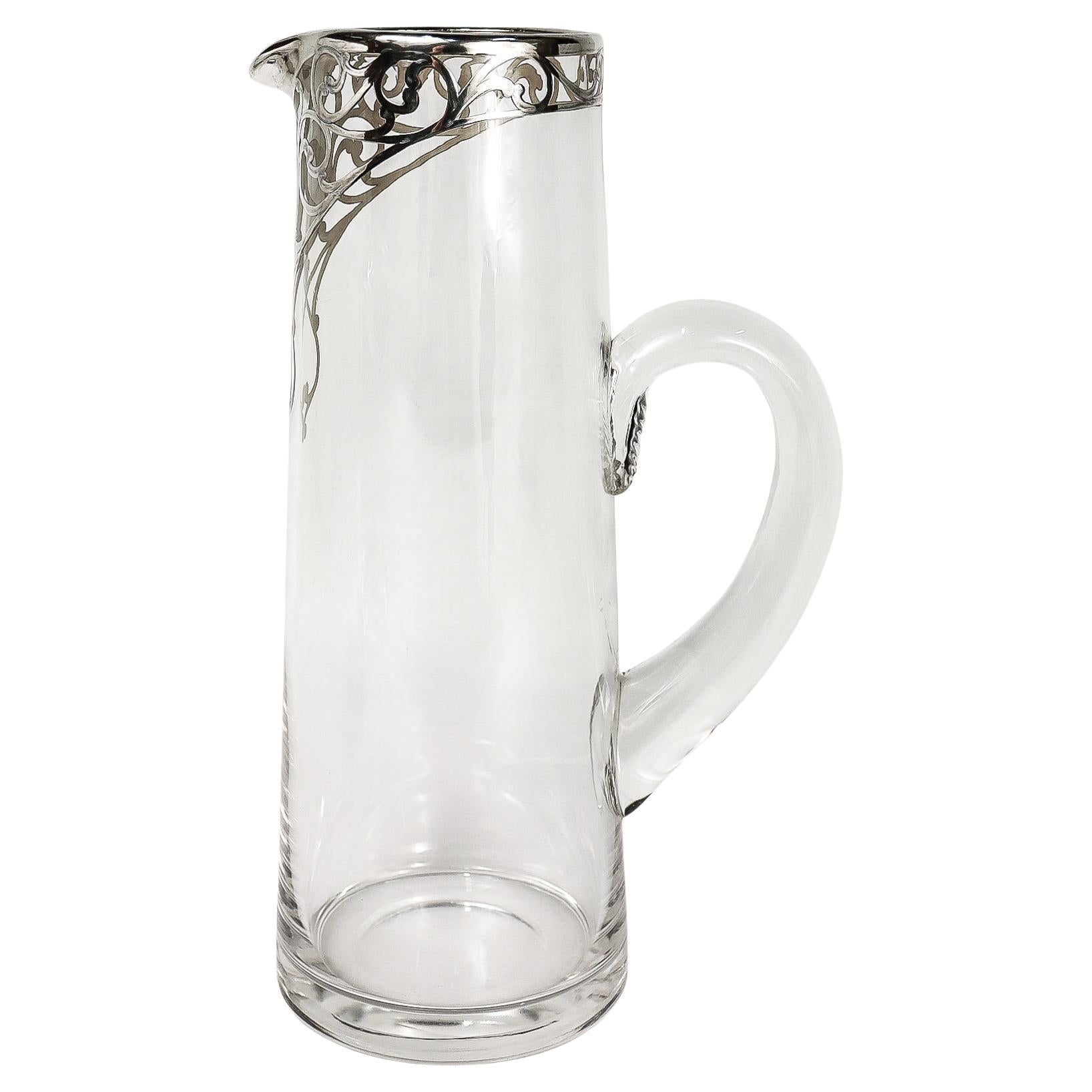 Antigua jarra de cóctel o limonada Art Nouveau de cristal plateado superpuesto en venta
