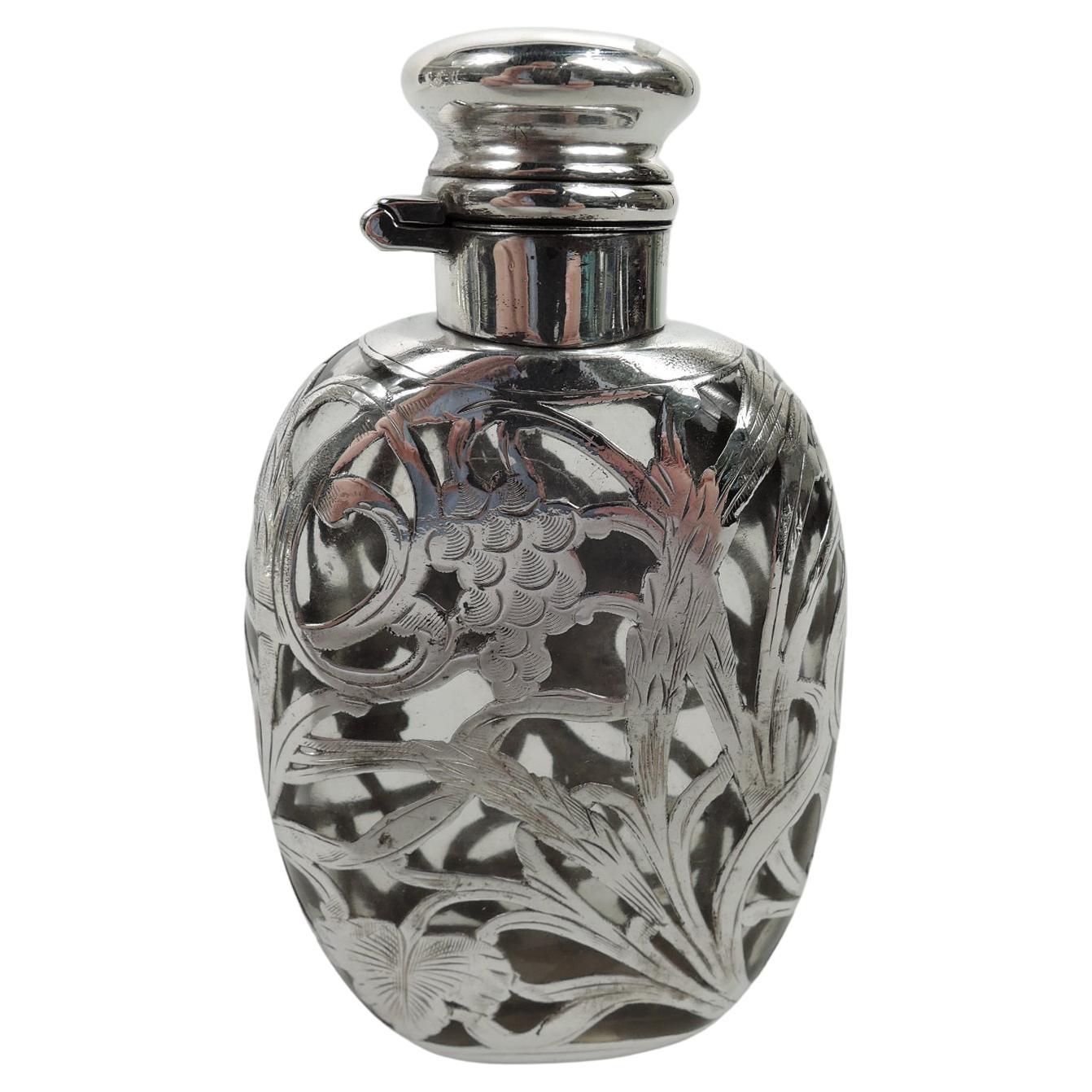 Antique Art Nouveau Silver Overlay Lady’s Medicinal Flask For Sale
