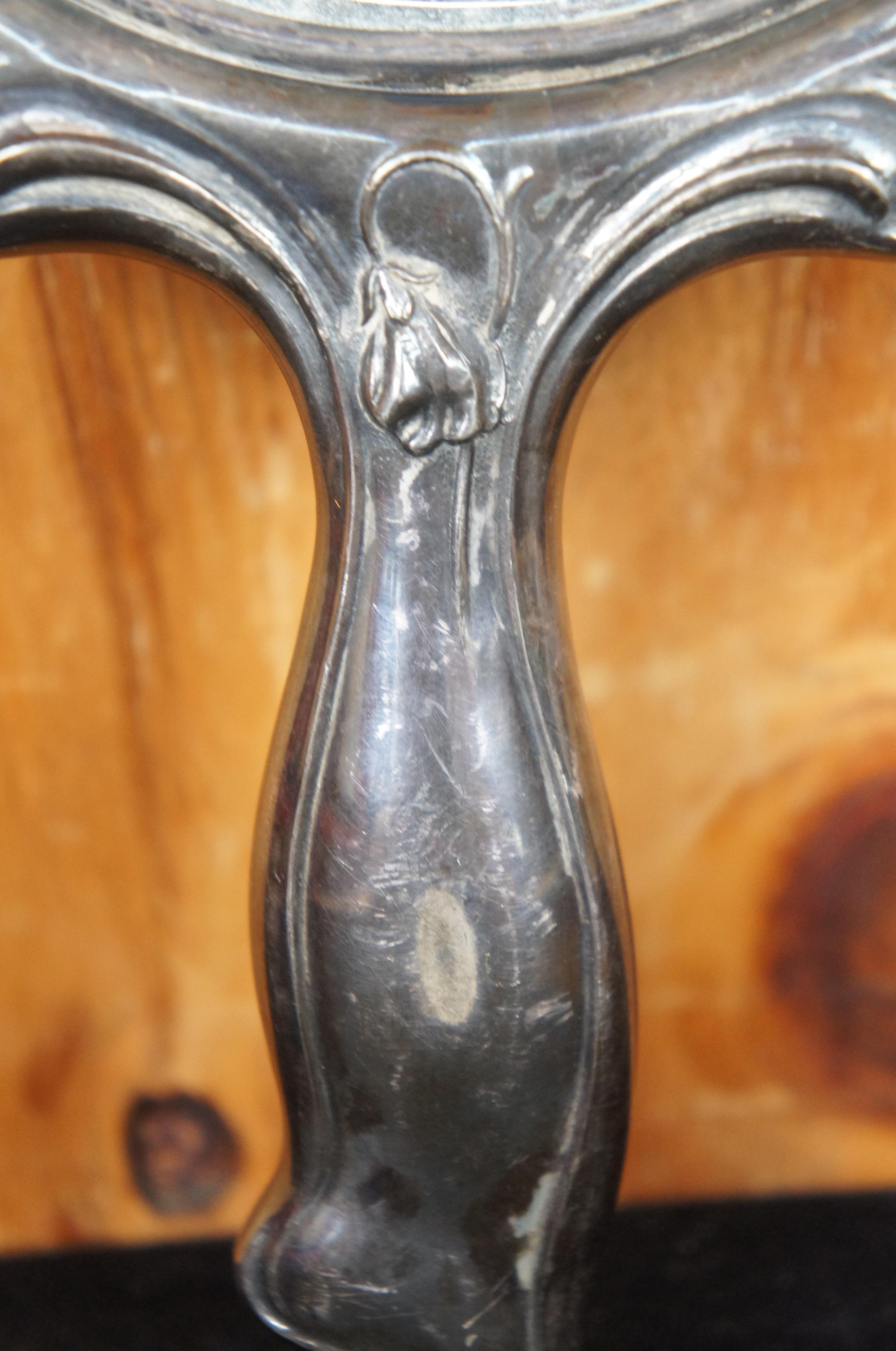 Antique Art Nouveau Silver Plate Hand Mirror & Brush Figural Repousse Vanity 5