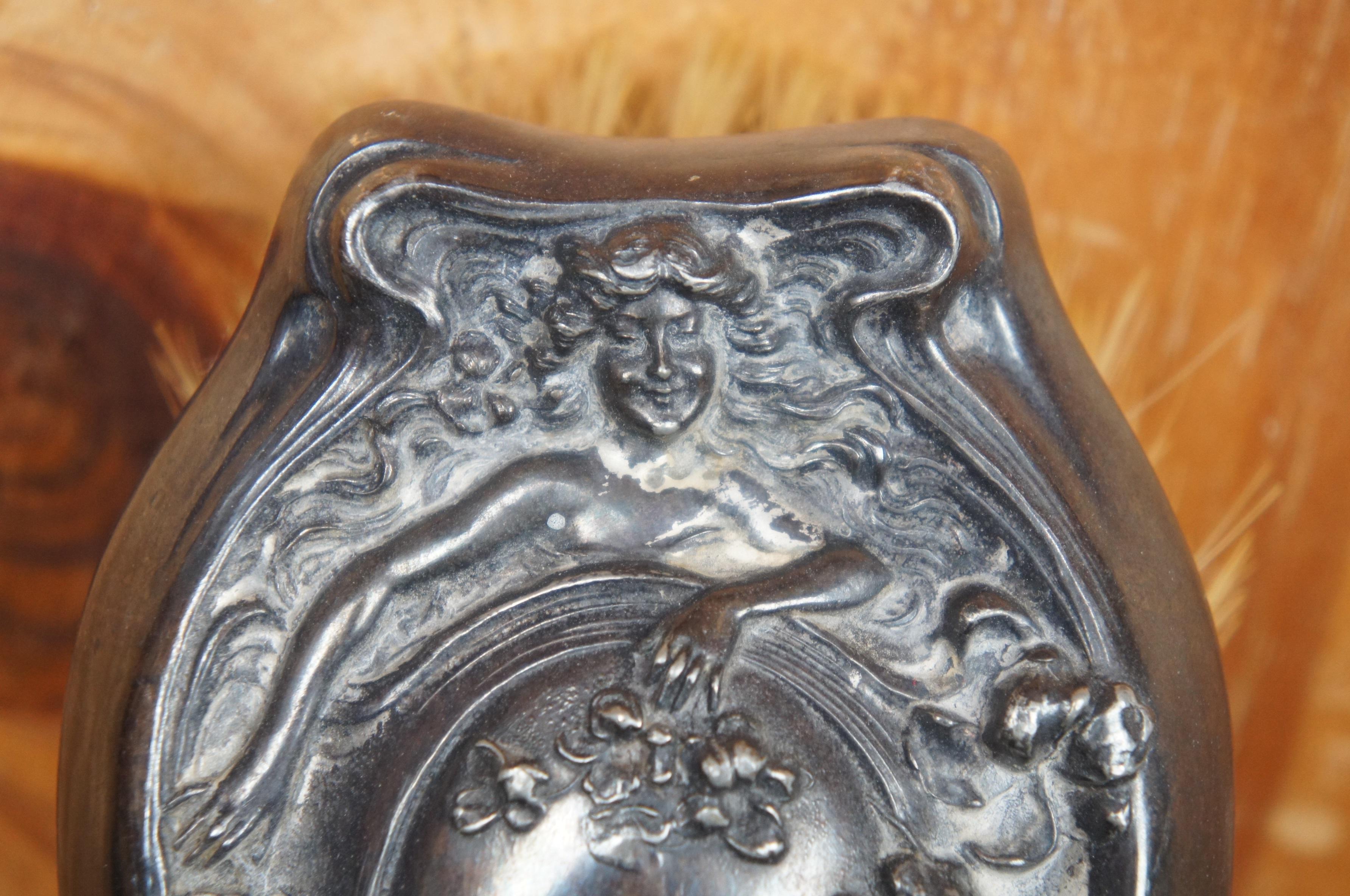 Antique Art Nouveau Silver Plate Hand Mirror & Brush Figural Repousse Vanity 7