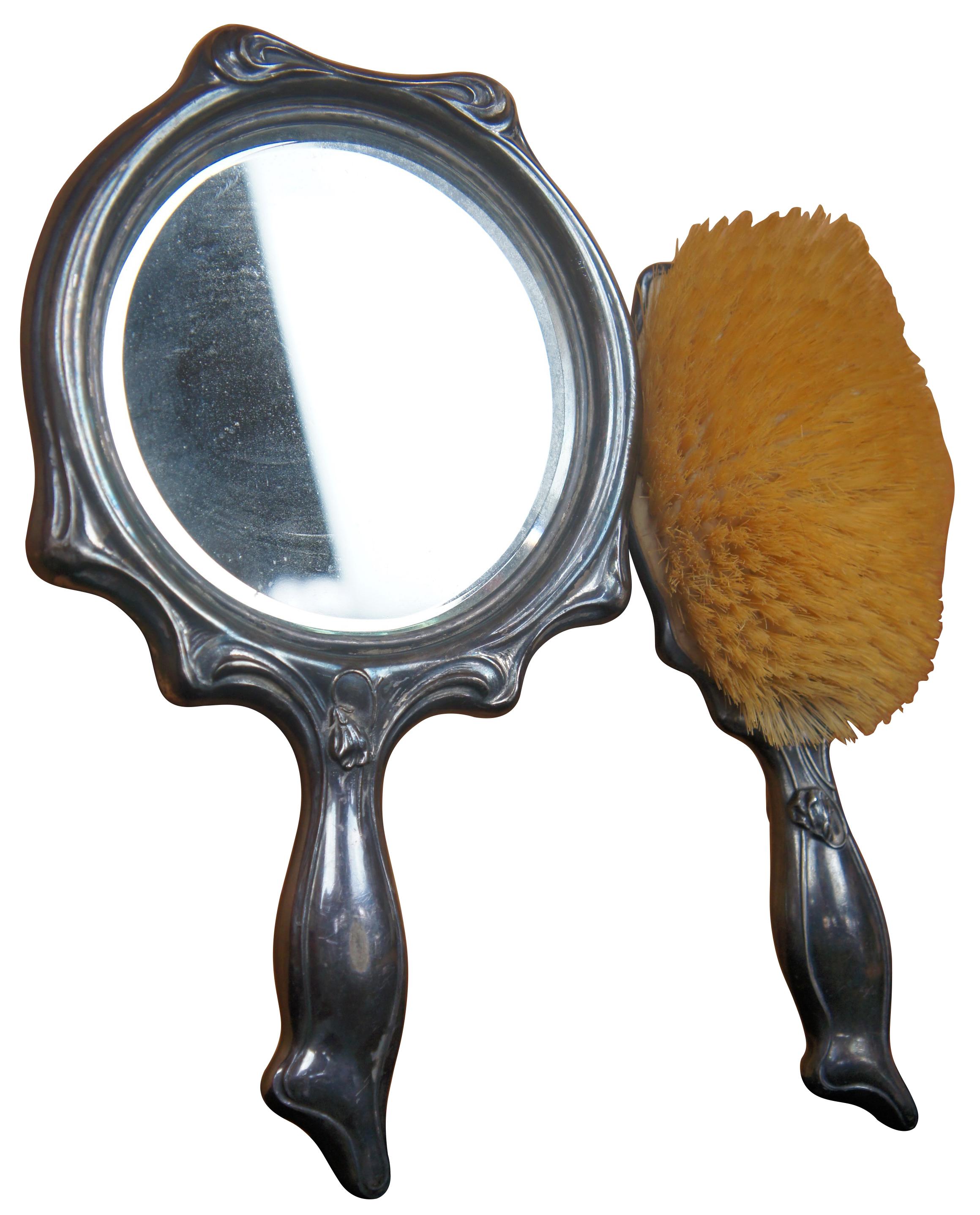 Antique Art Nouveau Silver Plate Hand Mirror & Brush Figural Repousse Vanity In Good Condition In Dayton, OH