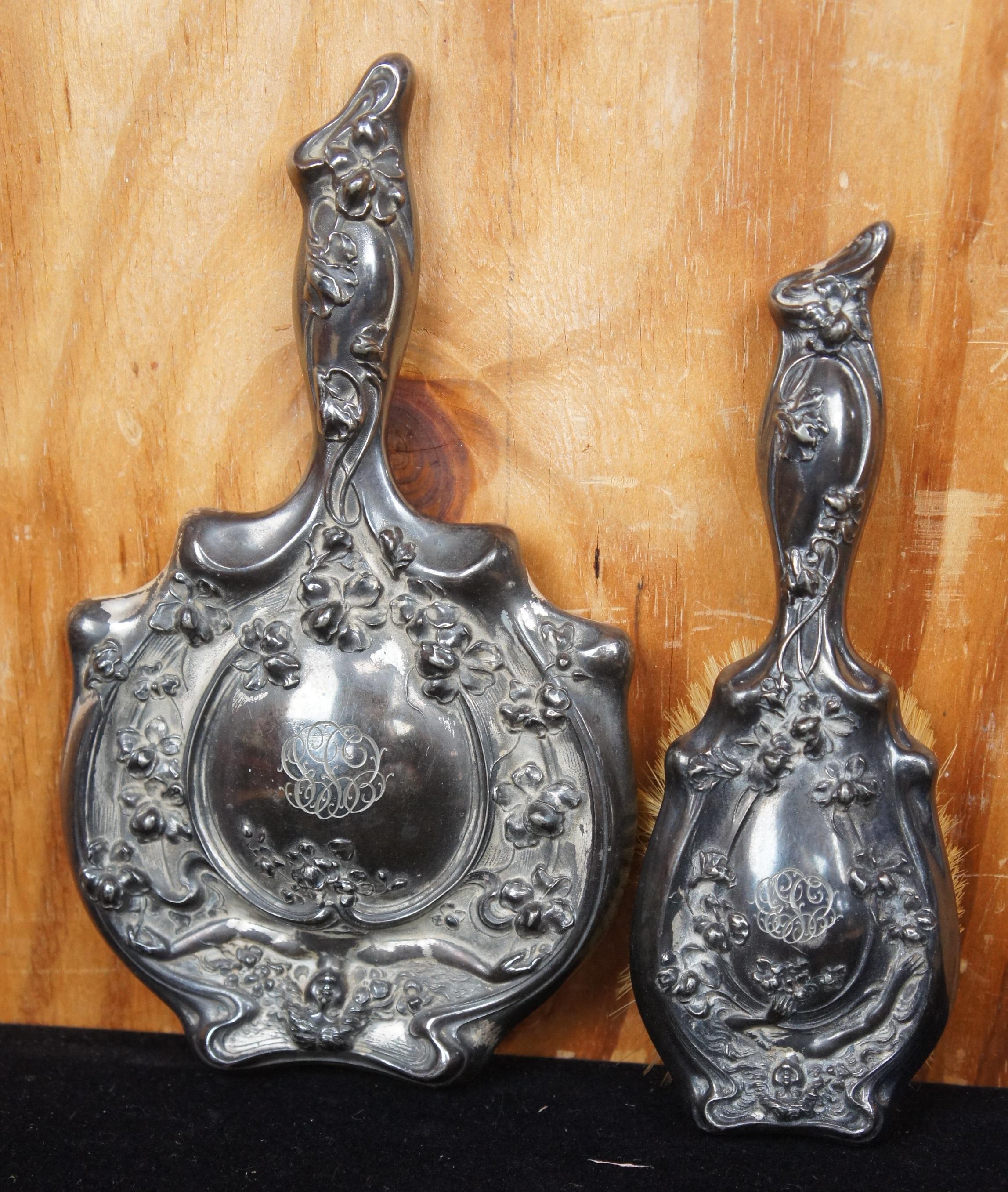 20th Century Antique Art Nouveau Silver Plate Hand Mirror & Brush Figural Repousse Vanity