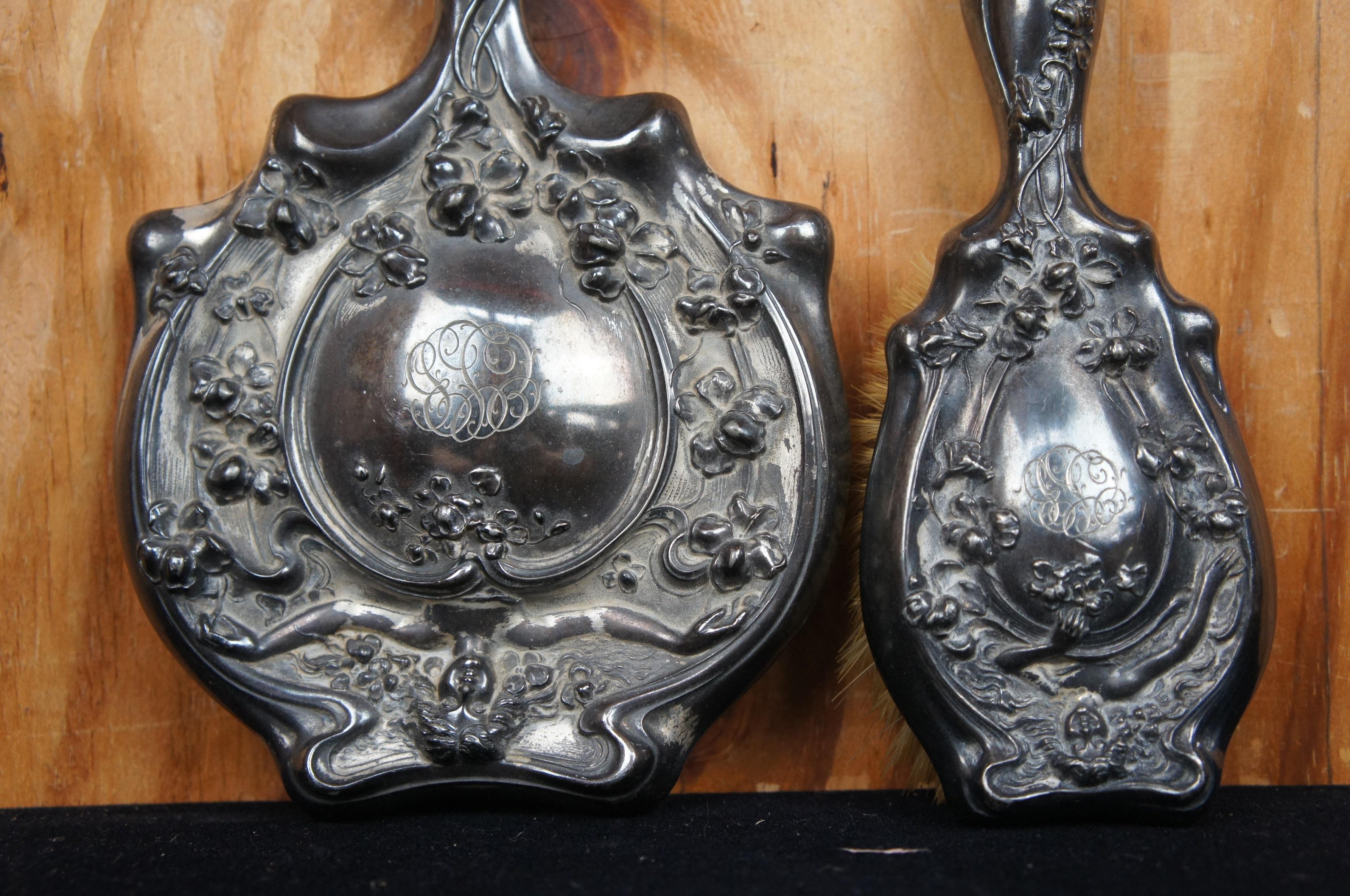 Metal Antique Art Nouveau Silver Plate Hand Mirror & Brush Figural Repousse Vanity