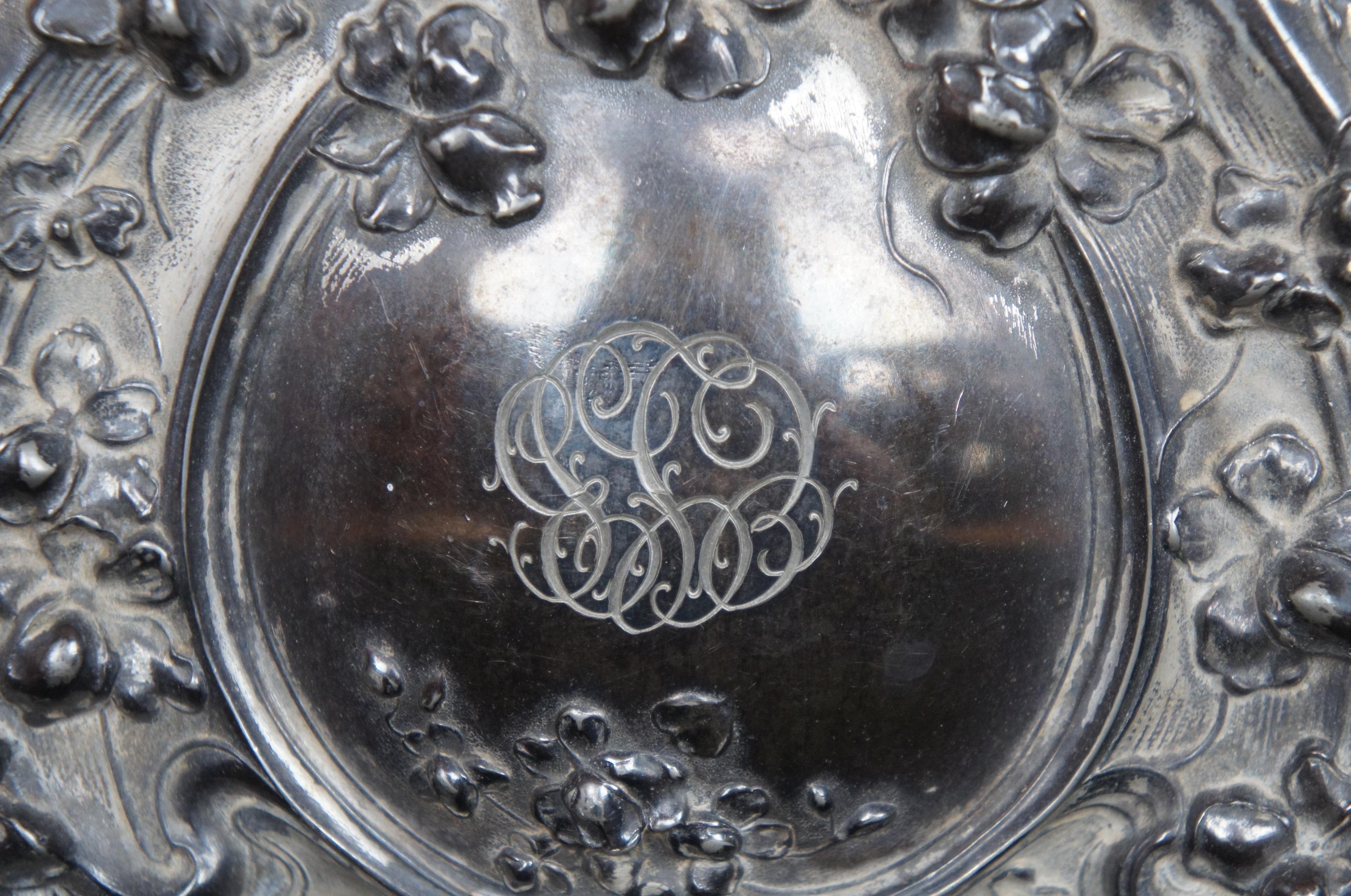 Antique Art Nouveau Silver Plate Hand Mirror & Brush Figural Repousse Vanity 1