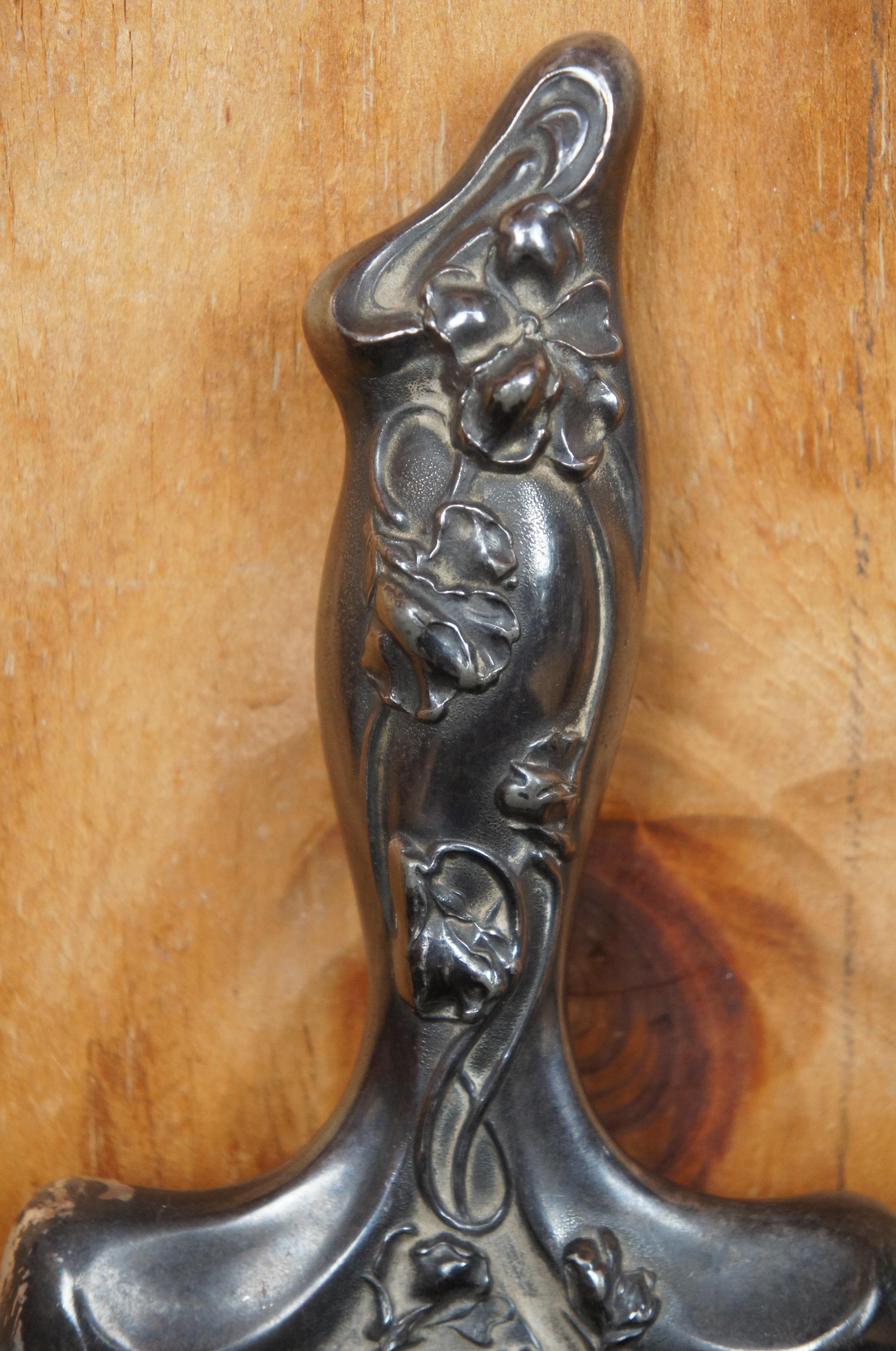Antique Art Nouveau Silver Plate Hand Mirror & Brush Figural Repousse Vanity 2