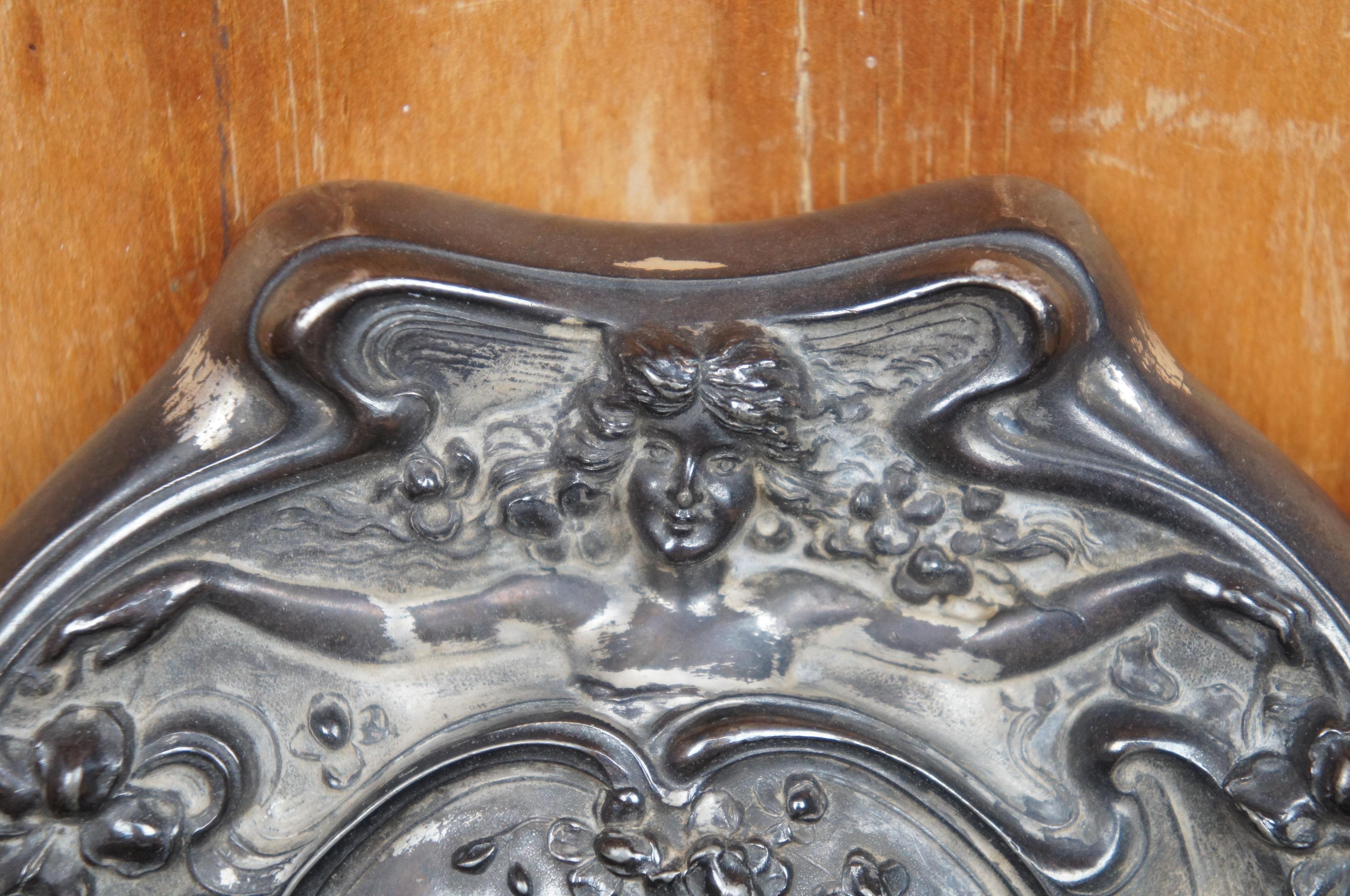 Antique Art Nouveau Silver Plate Hand Mirror & Brush Figural Repousse Vanity 3