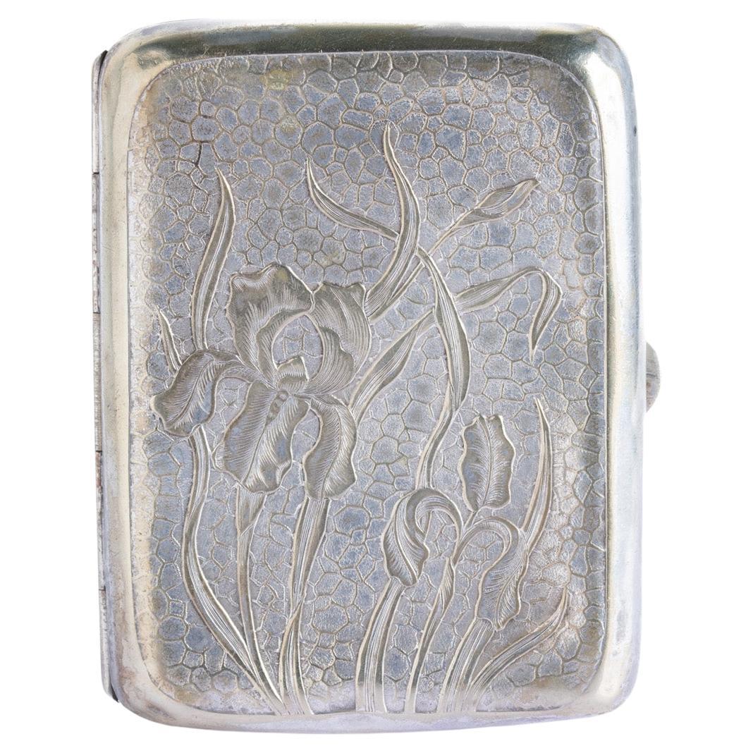 Antique Art Nouveau Silver Plated Cigarette Case with Iris Flower Relief c.1900